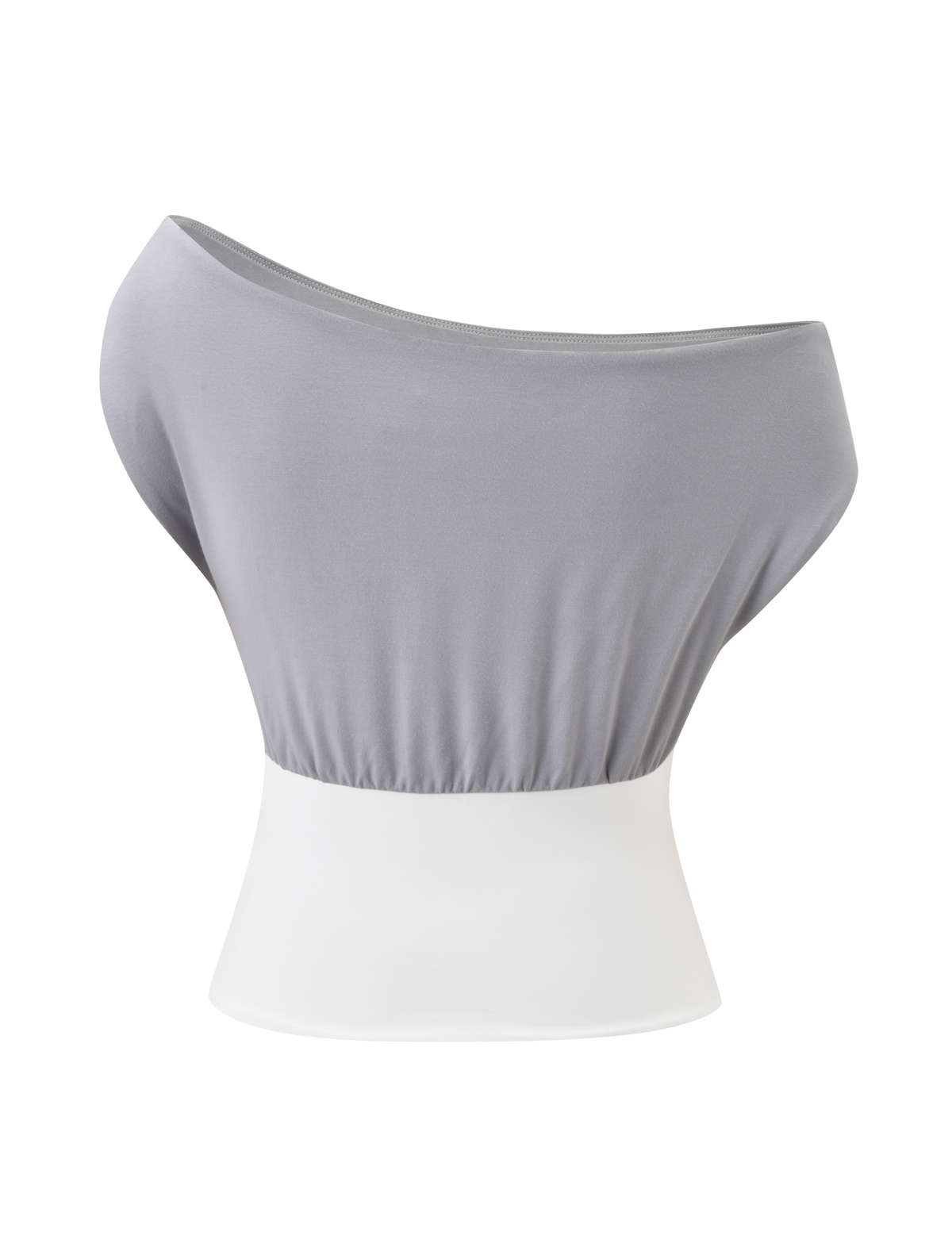 The TIGERMIST ALYSSA OFF SHOULDER TOP - GREY is a sleeveless, off-shoulder top with a loose light grey upper and a fitted white corset-style waist, shown against a white background.