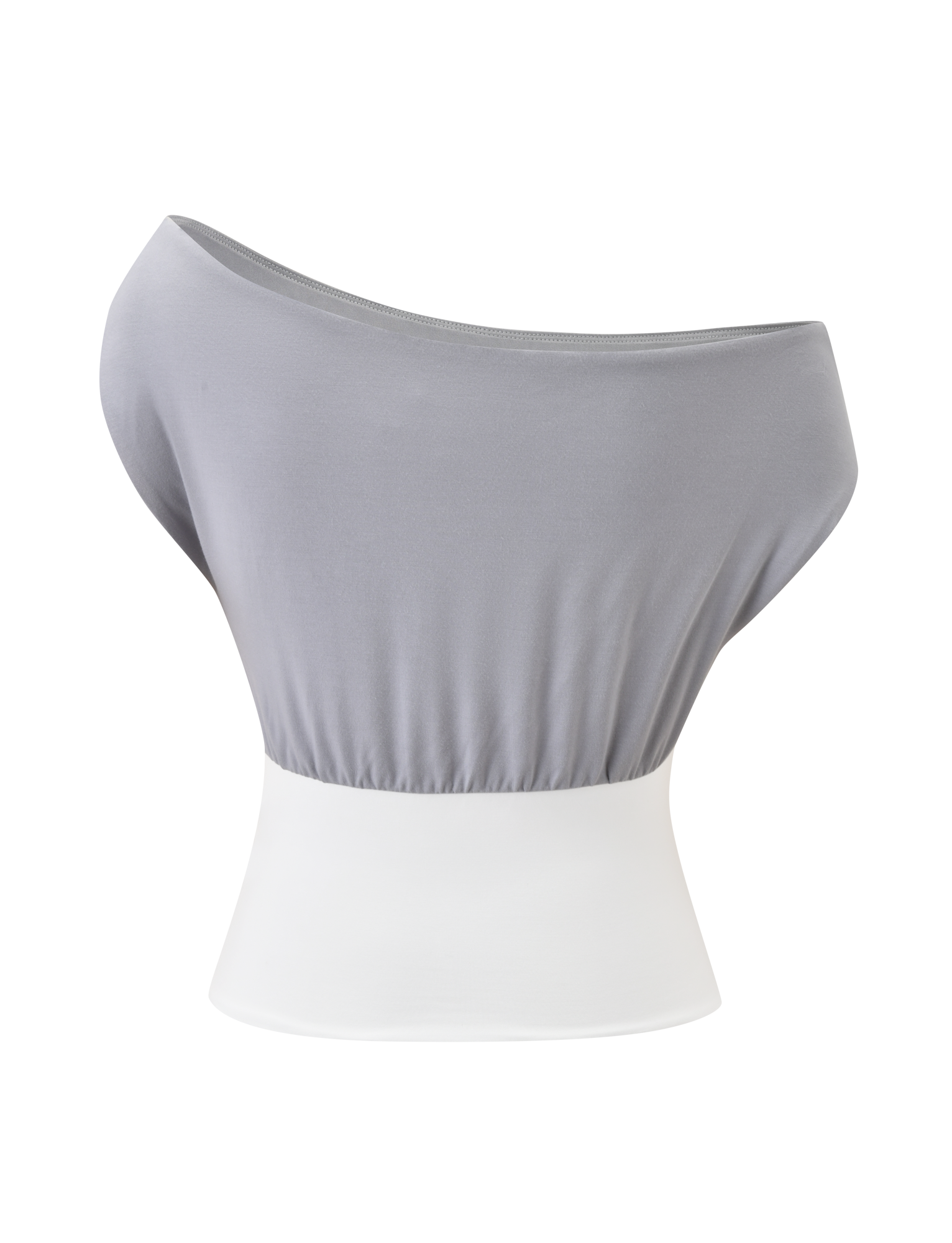 The TIGERMIST ALYSSA OFF SHOULDER TOP - GREY is a sleeveless, off-shoulder top with a loose light grey upper and a fitted white corset-style waist, shown against a white background.