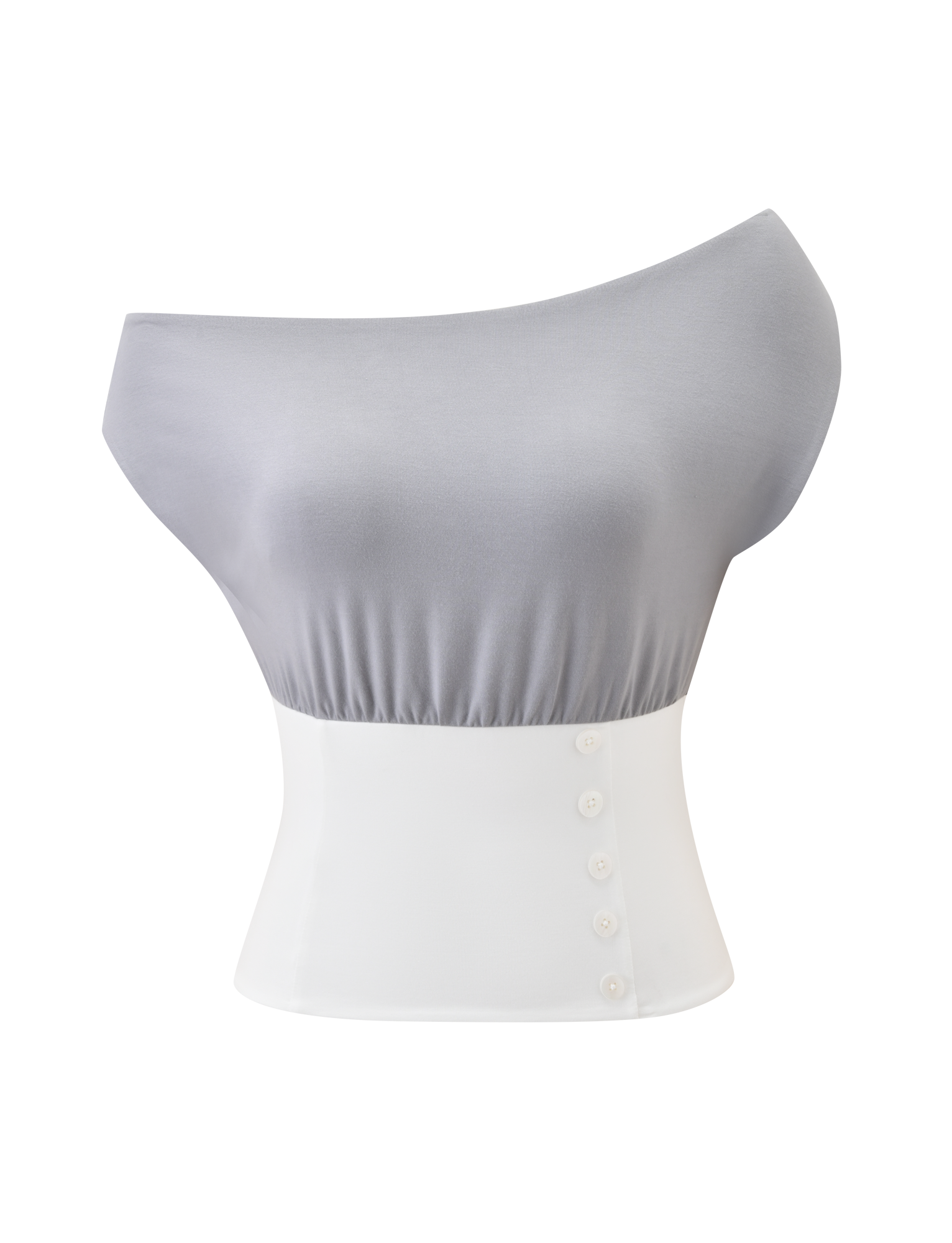 The TIGERMIST ALYSSA OFF SHOULDER TOP - GREY features a ruched upper, corseted waist, and decorative side buttons. Its white and grey palette stands out against the plain background, showcasing chic modern style.