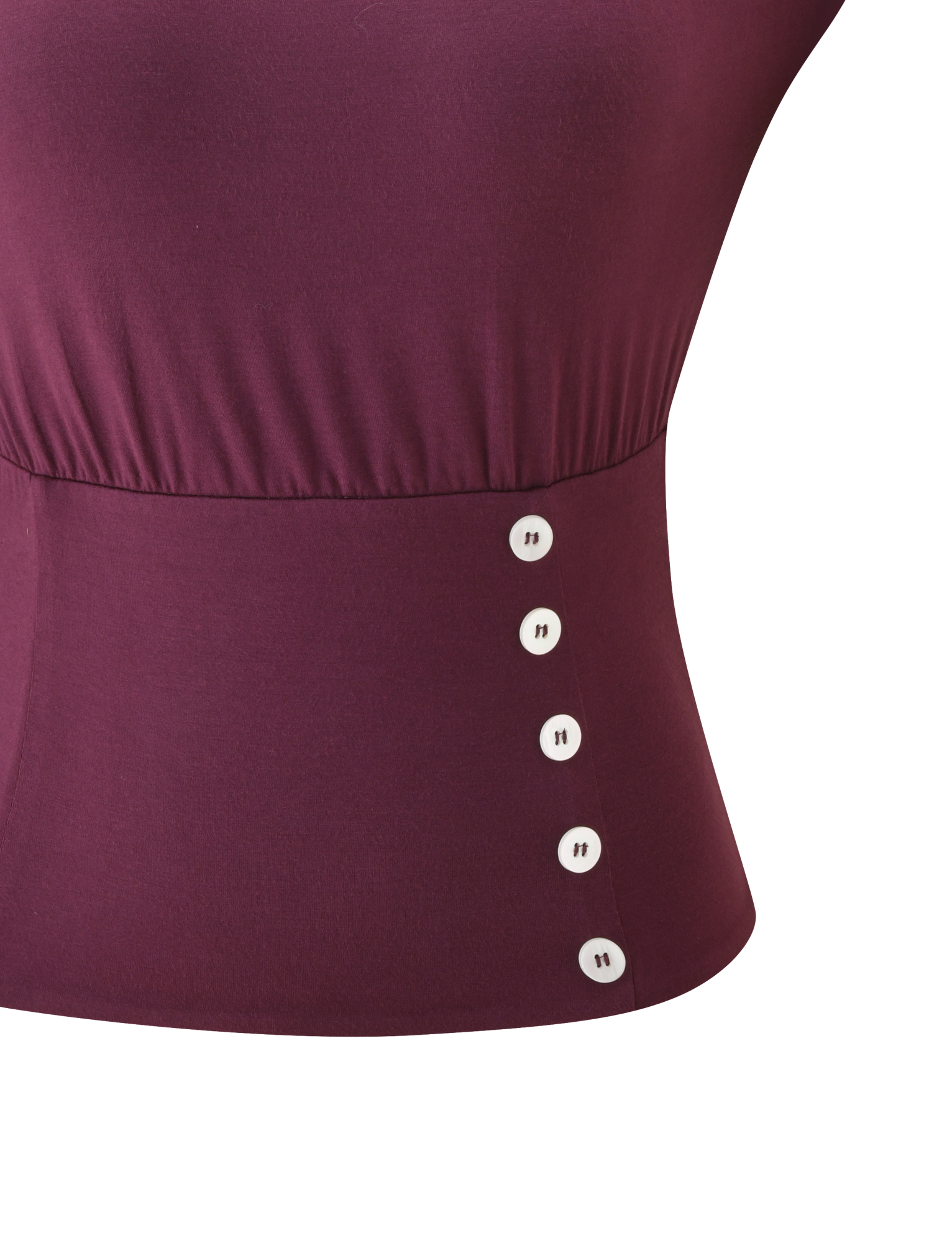 Close-up of the ALYSSA OFF SHOULDER TOP in plum by TIGERMIST, showcasing a corseted waist and five white buttons vertically aligned on the side.