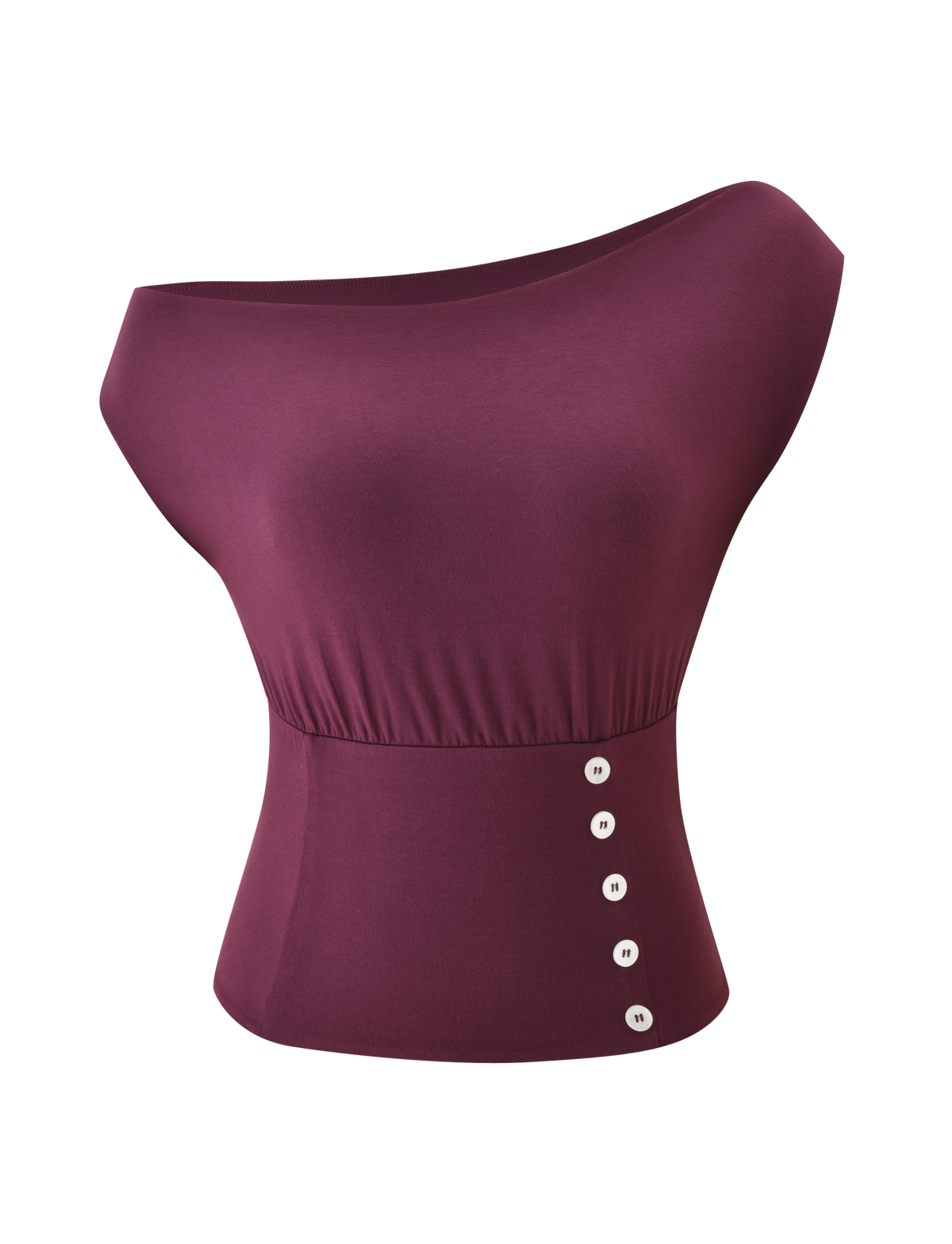 The TIGERMIST ALYSSA OFF SHOULDER TOP - PLUM is a sleeveless, off-the-shoulder top with a corseted waist and five white buttons vertically aligned on the lower right side.