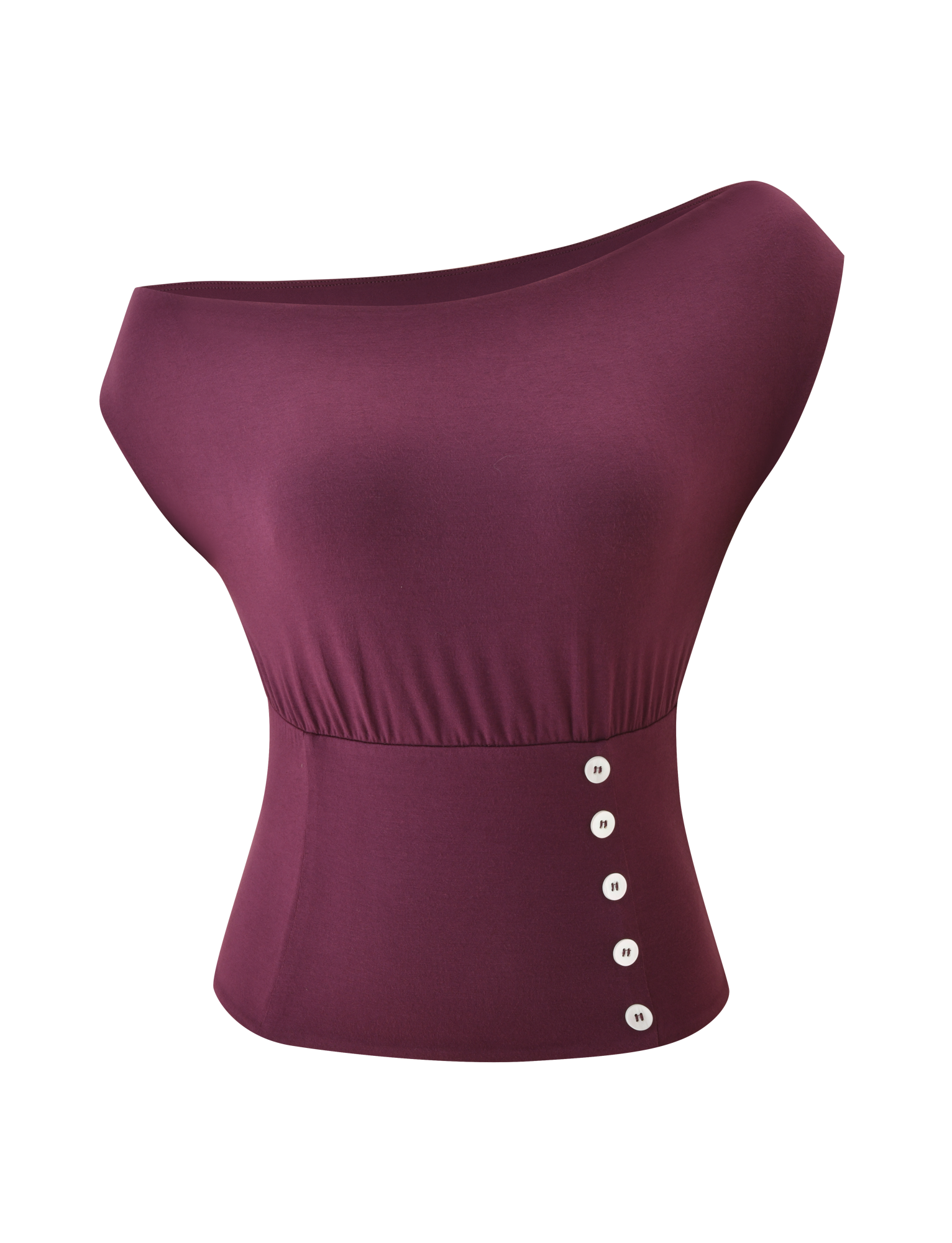 The TIGERMIST ALYSSA OFF SHOULDER TOP - PLUM is a sleeveless, off-the-shoulder top with a corseted waist and five white buttons vertically aligned on the lower right side.