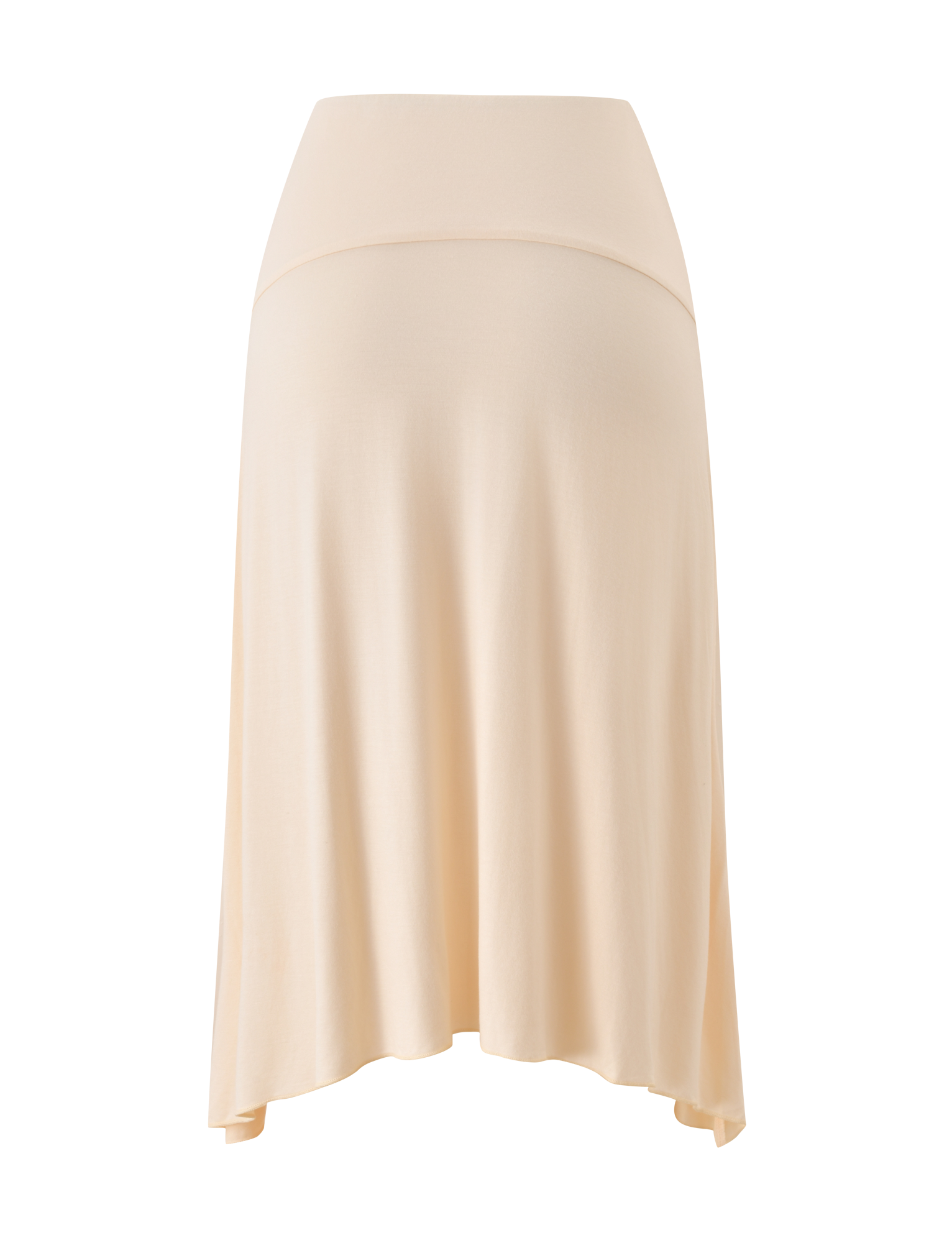 The TIGERMIST ALYSSA HI LO SKIRT in cream is a light beige, knee-length maternity skirt with a wide fold-over waistband and chic front slit, shown against a white background.