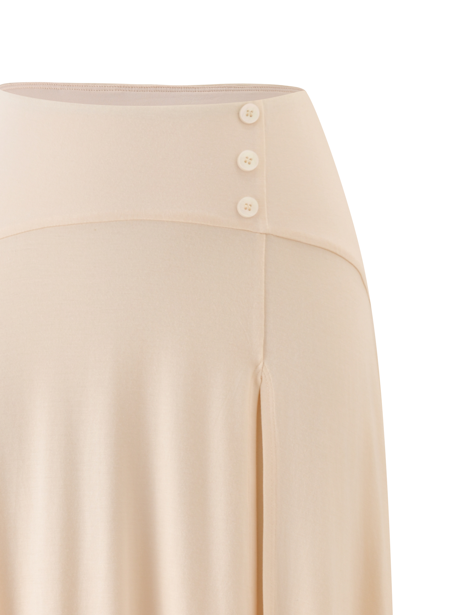 Close-up of the TIGERMIST ALYSSA HI LO SKIRT in cream, featuring three buttons on the waistband and soft, flowing fabric.