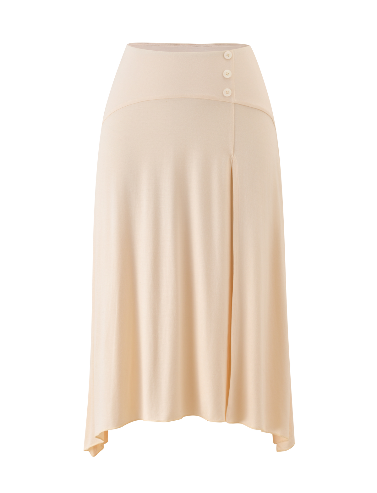 The TIGERMIST ALYSSA HI LO SKIRT in cream features an asymmetrical hem, front leg slit, wide waistband with three side buttons, and soft, flowing fabric for effortless elegance.