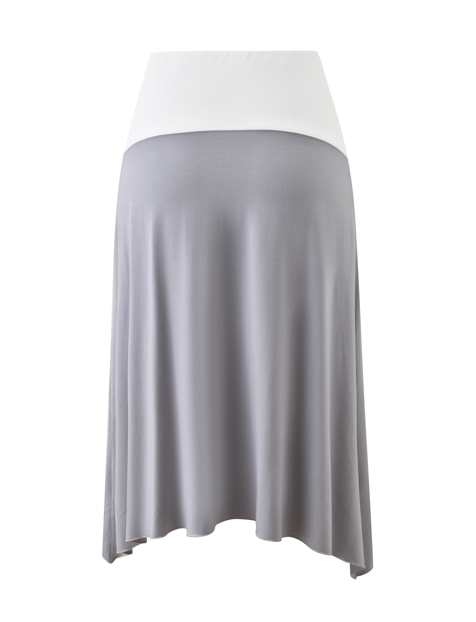 The TIGERMIST ALYSSA HI LO SKIRT - GREY is a knee-length maternity midi with a white fold-over waistband, light gray fabric, and a stylish front leg slit for comfort and flair.