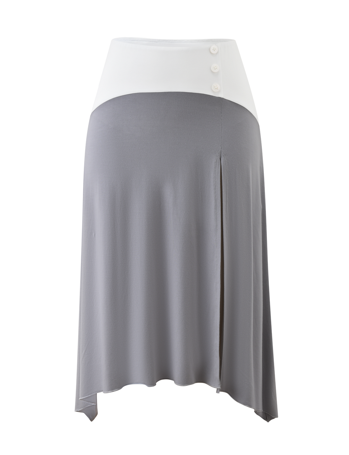 The ALYSSA HI LO SKIRT - GREY by TIGERMIST is a modern midi skirt with an asymmetrical hem, light gray color, wide white waistband with three side buttons, a front slit, and a flowy silhouette for a chic look.