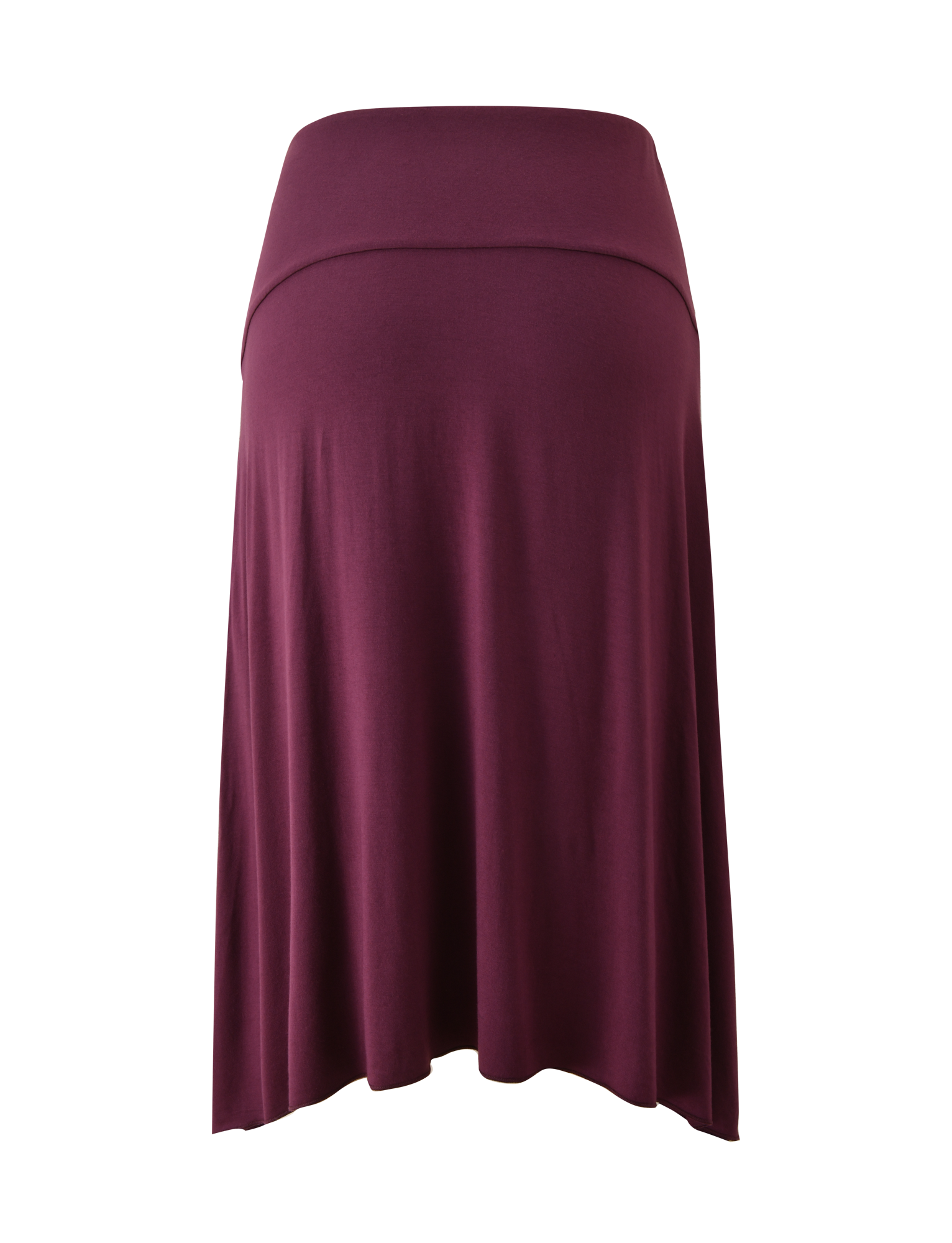 The TIGERMIST ALYSSA HI LO SKIRT in plum is a burgundy midi maternity skirt featuring a fold-over waistband and asymmetrical hem, shown on a plain white background.