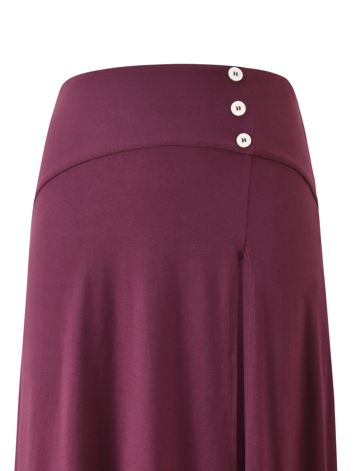 A close-up of the TIGERMIST ALYSSA HI LO SKIRT in plum, showing its high-waisted fit, three white waistband buttons, vertical seam detailing, and a chic asymmetrical hem.