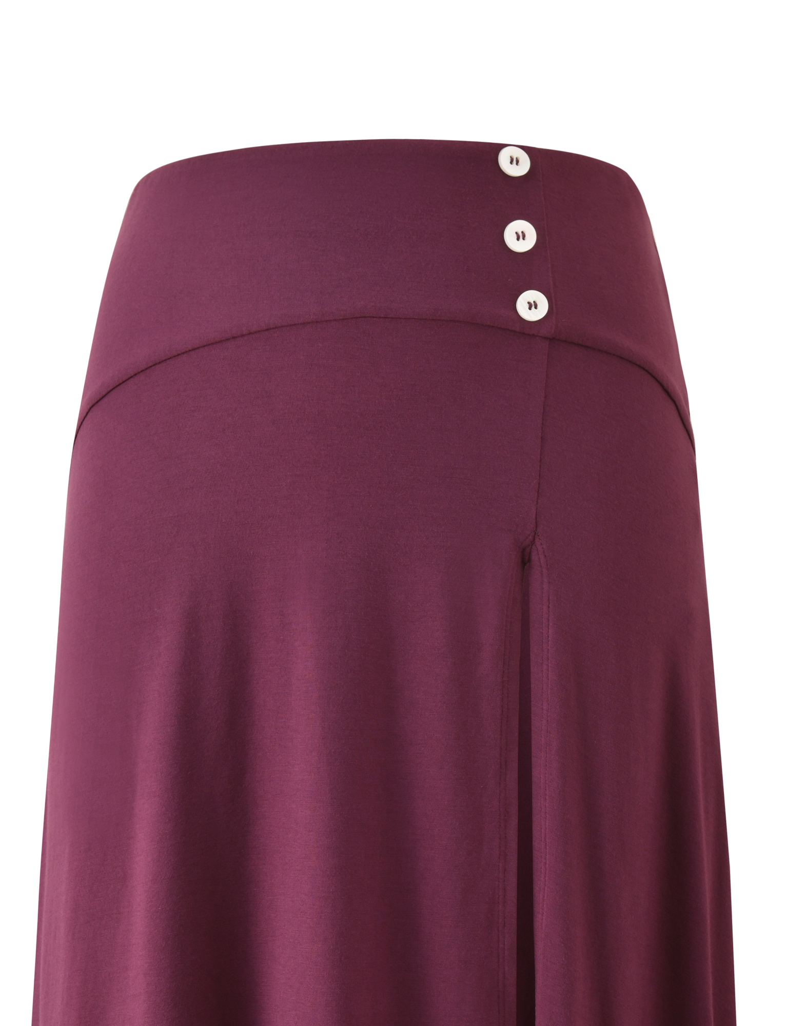 A close-up of the TIGERMIST ALYSSA HI LO SKIRT in plum, showing its high-waisted fit, three white waistband buttons, vertical seam detailing, and a chic asymmetrical hem.