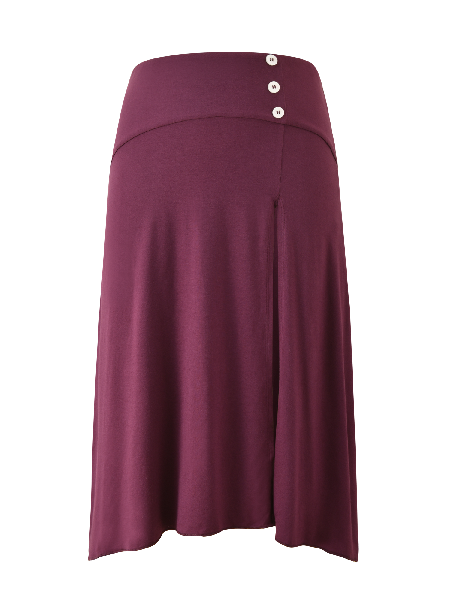 The TIGERMIST ALYSSA HI LO SKIRT in plum is a knee-length midi with a wide waistband, three white buttons on the top right, a front leg slit, and is crafted from soft, stretchy fabric.