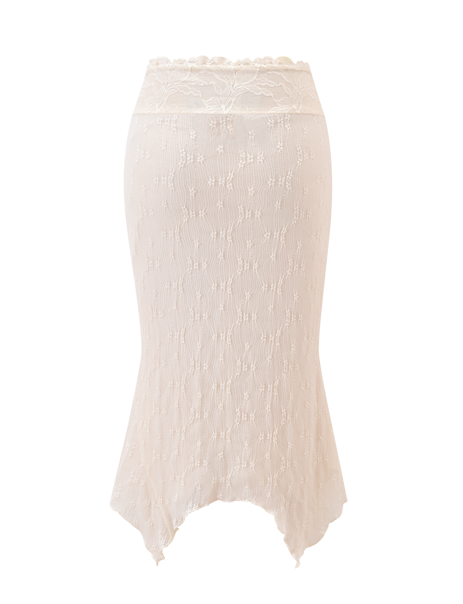 The TIGERMIST KATERINA MIDI SKIRT in cream features stretch lace, a fitted waist, subtle floral details, and a scalloped asymmetrical hem. Displayed on a plain white background.