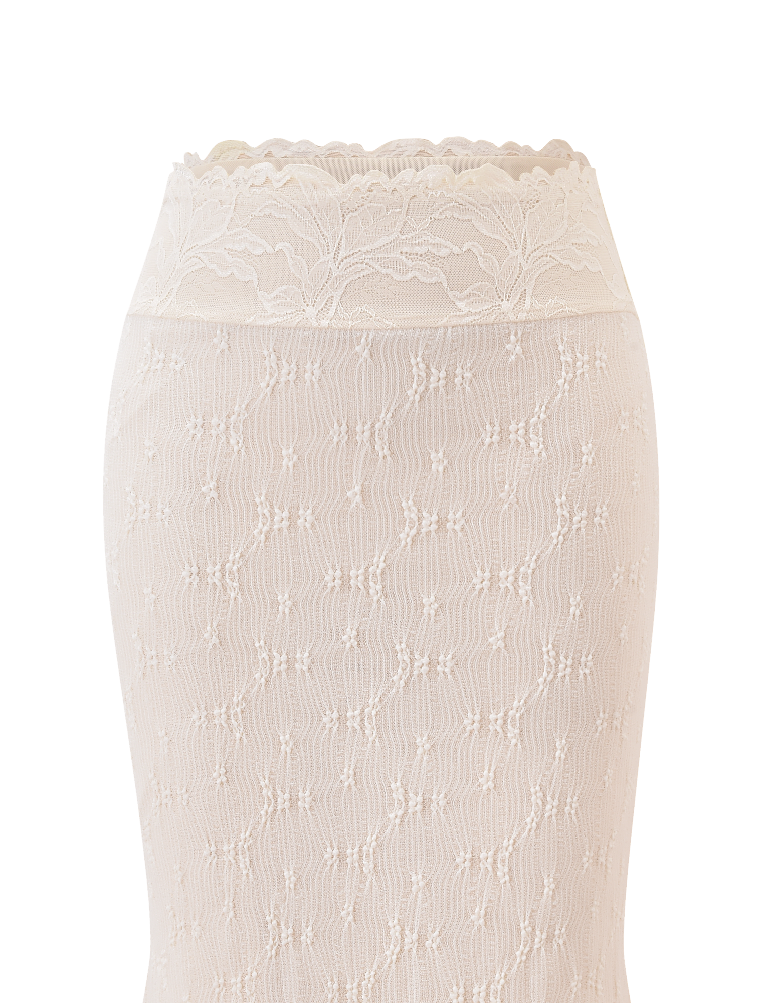 Close-up of the TIGERMIST KATERINA MIDI SKIRT in cream, featuring white stretch lace with floral and geometric patterns and a scalloped waistband, displayed against a plain white background.