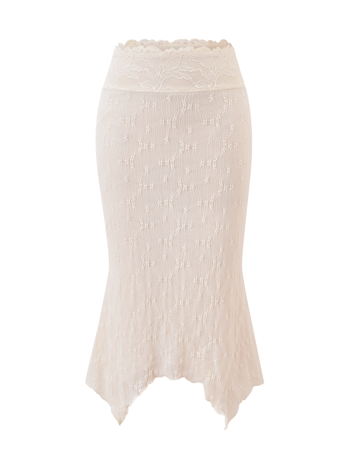 The KATERINA MIDI SKIRT - CREAM by TIGERMIST is a high-waisted, cream stretch lace midi skirt with a scalloped waistband, floral pattern, and asymmetrical flared hem, shown against a white background.