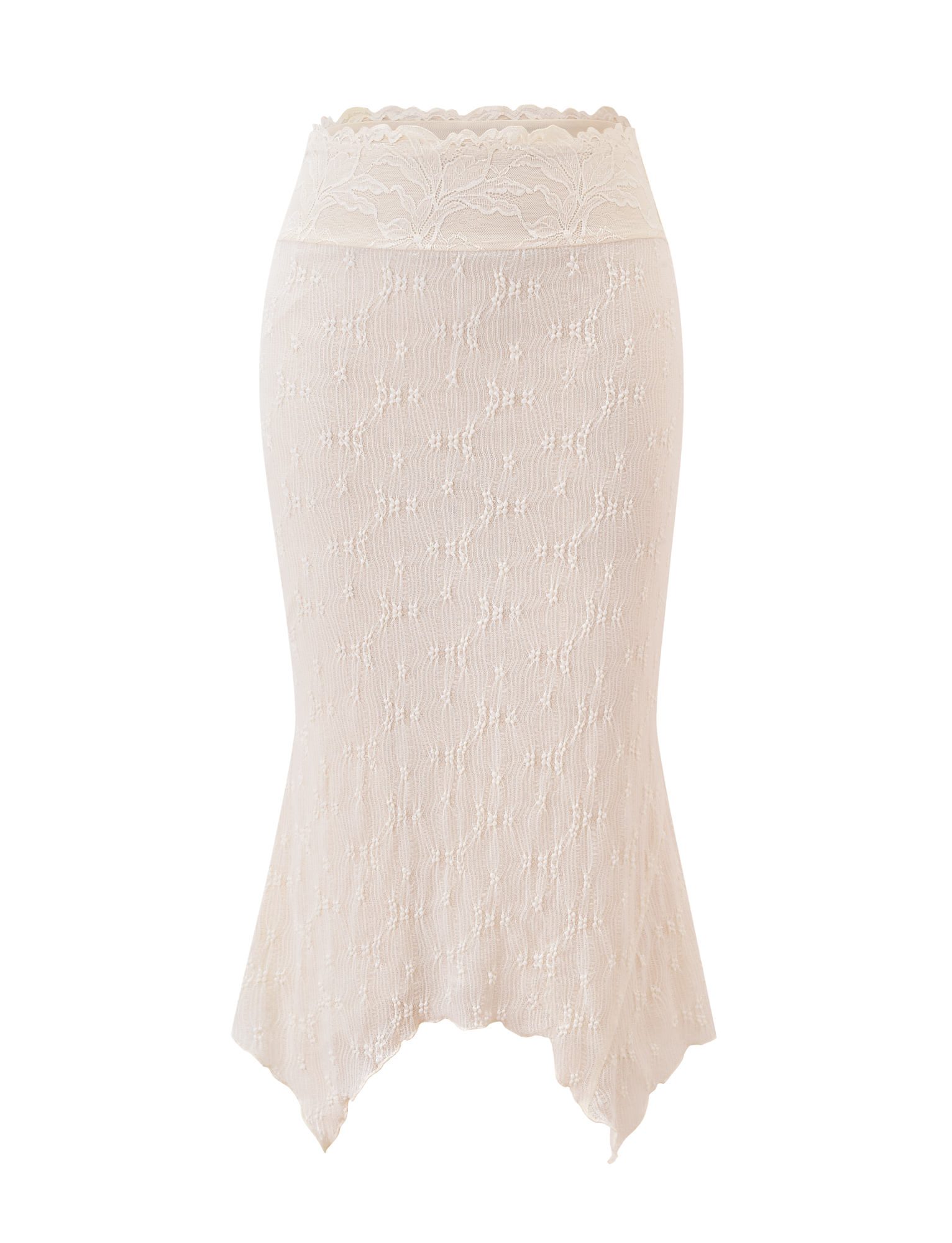 The KATERINA MIDI SKIRT - CREAM by TIGERMIST is a high-waisted, cream stretch lace midi skirt with a scalloped waistband, floral pattern, and asymmetrical flared hem, shown against a white background.