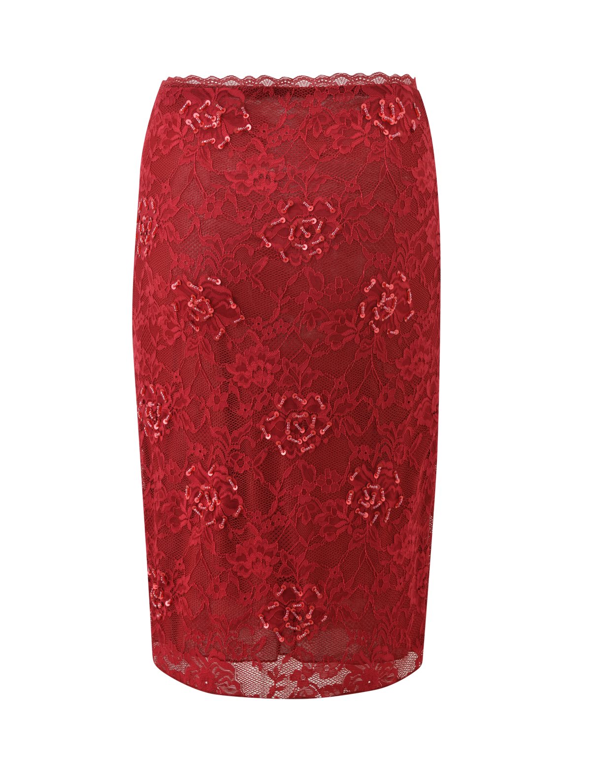 The KIRRA BEADED SEQUIN LACE MIDI SKIRT by TIGERMIST features a fitted silhouette, red floral lace, scalloped waistband trim, and is displayed against a plain white background.