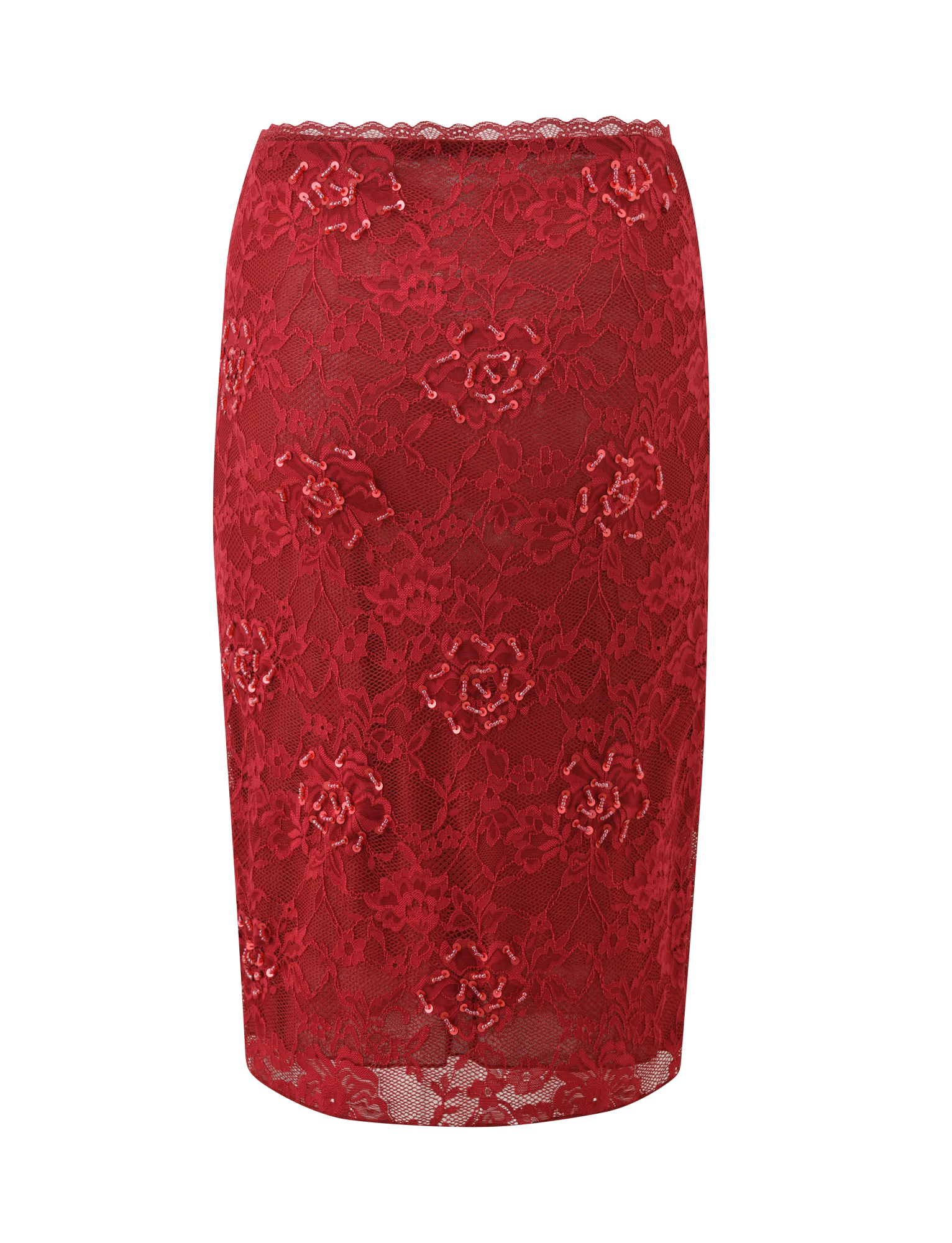 The KIRRA BEADED SEQUIN LACE MIDI SKIRT by TIGERMIST features a fitted silhouette, red floral lace, scalloped waistband trim, and is displayed against a plain white background.