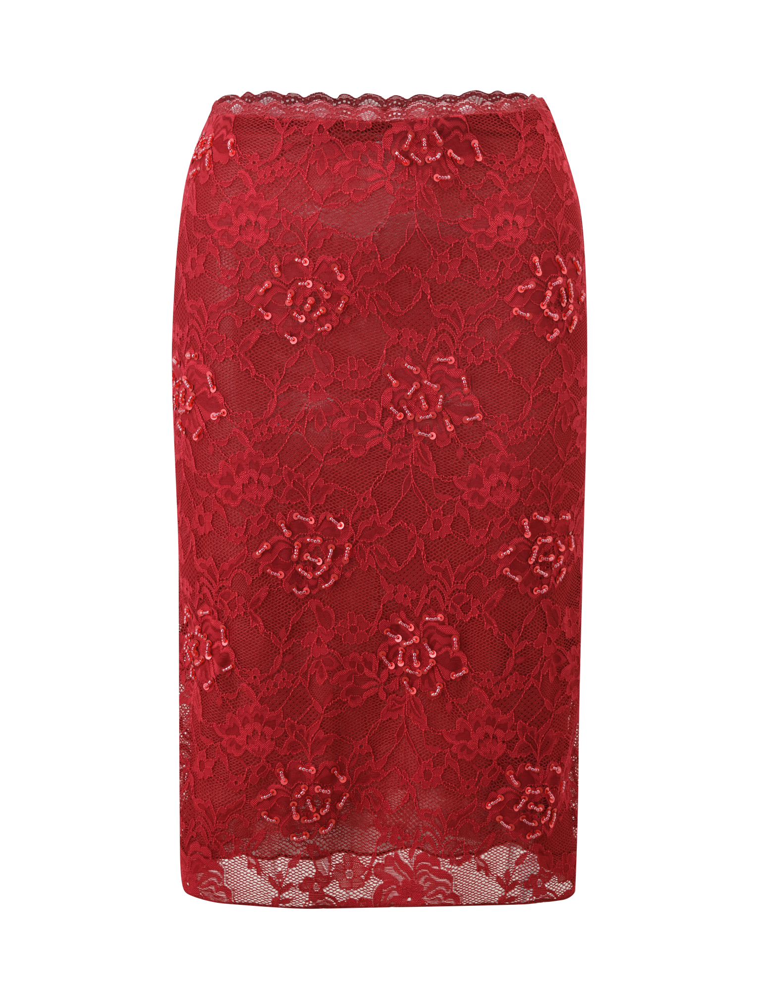 The KIRRA BEADED SEQUIN LACE MIDI SKIRT in red by TIGERMIST, featuring delicate beaded sequin lace and a scalloped waistband, is displayed against a plain white background.