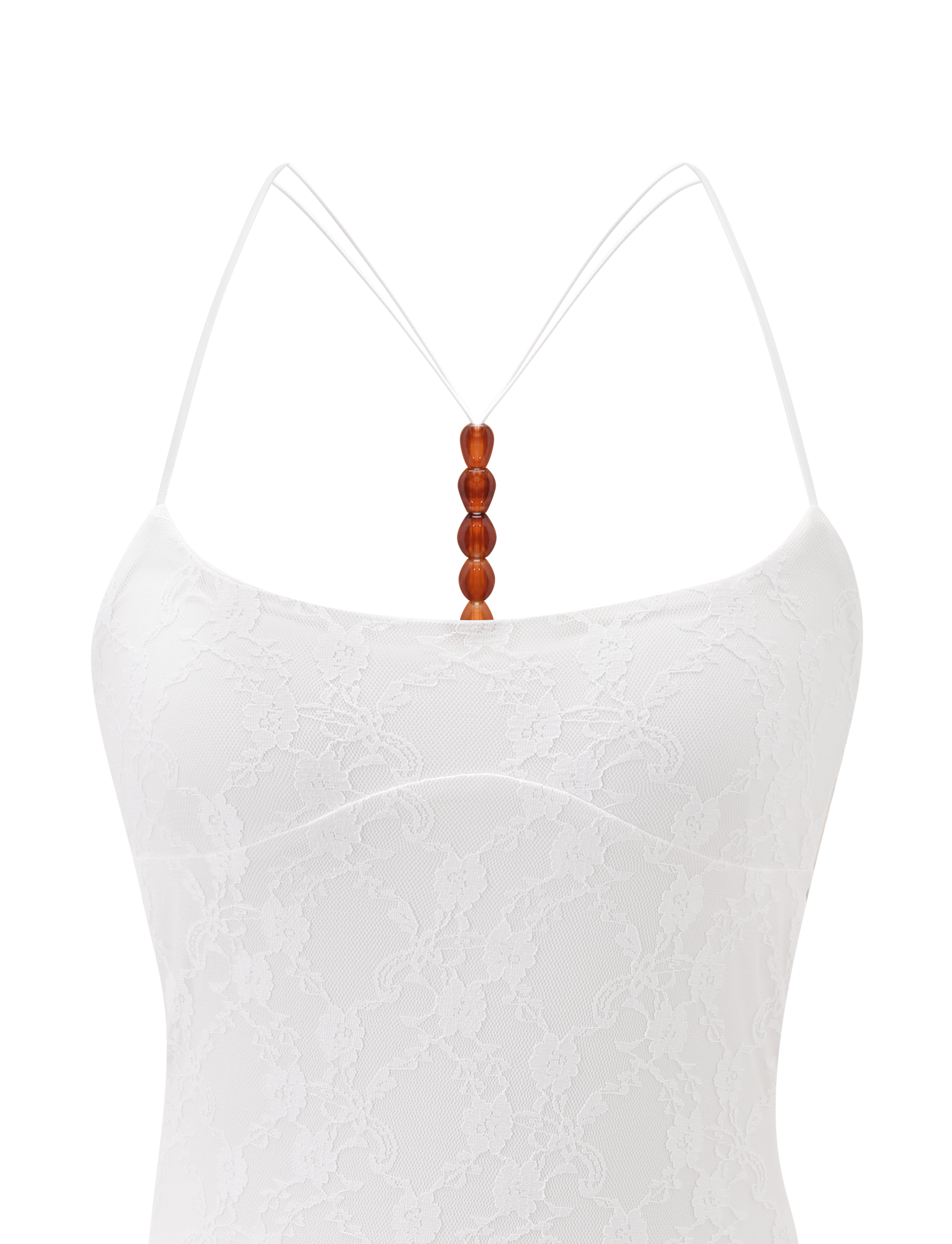 The MINERVA 2.0 BODYSUIT by TIGERMIST features cream lace, thin spaghetti straps, and brown wooden beads accenting the center chest. It evokes a delicate look against a plain white background.