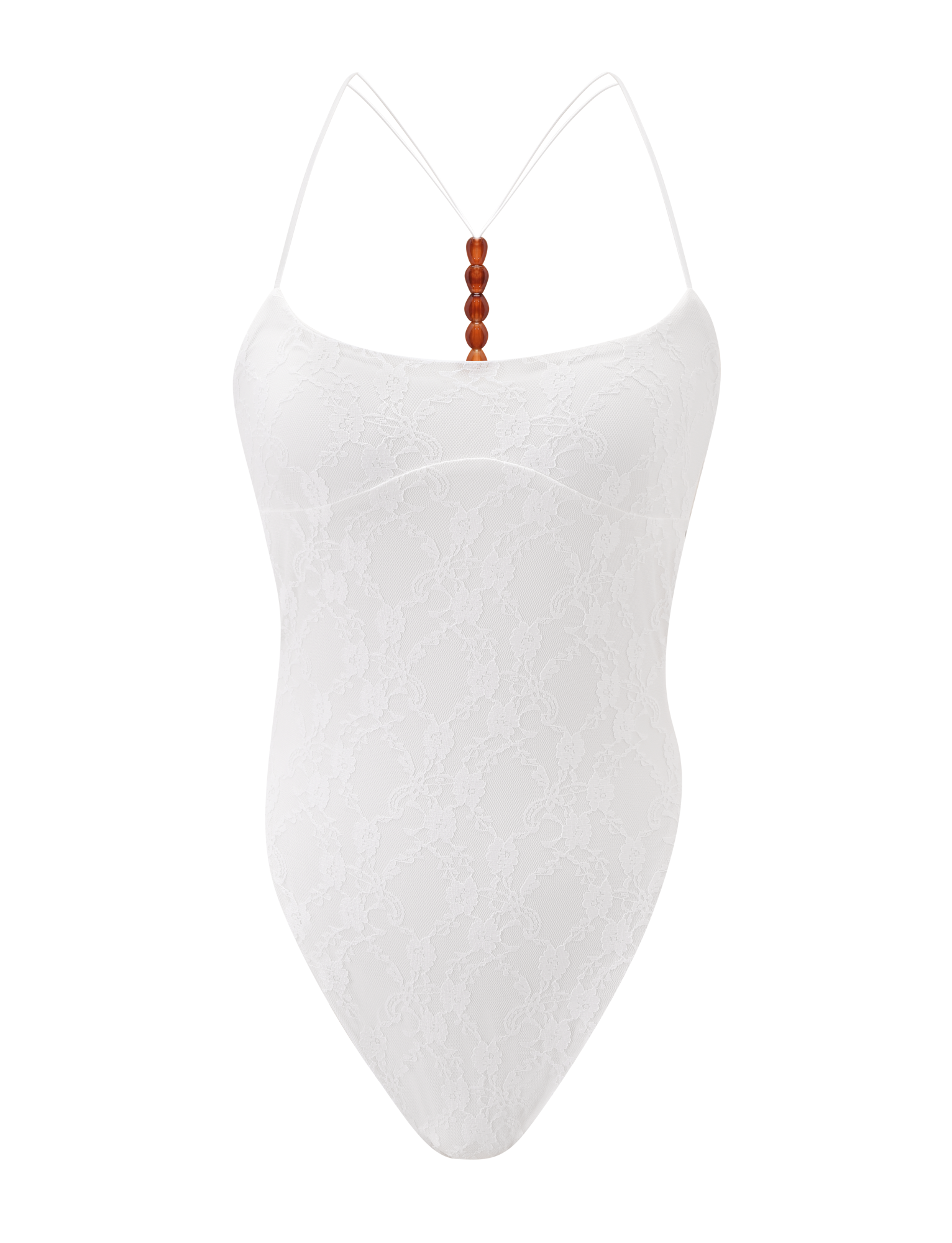 The MINERVA 2.0 BODYSUIT by TIGERMIST features cream lace, thin spaghetti straps, a G-string bottom, and brown beads at the center neckline, shown on a plain white background.