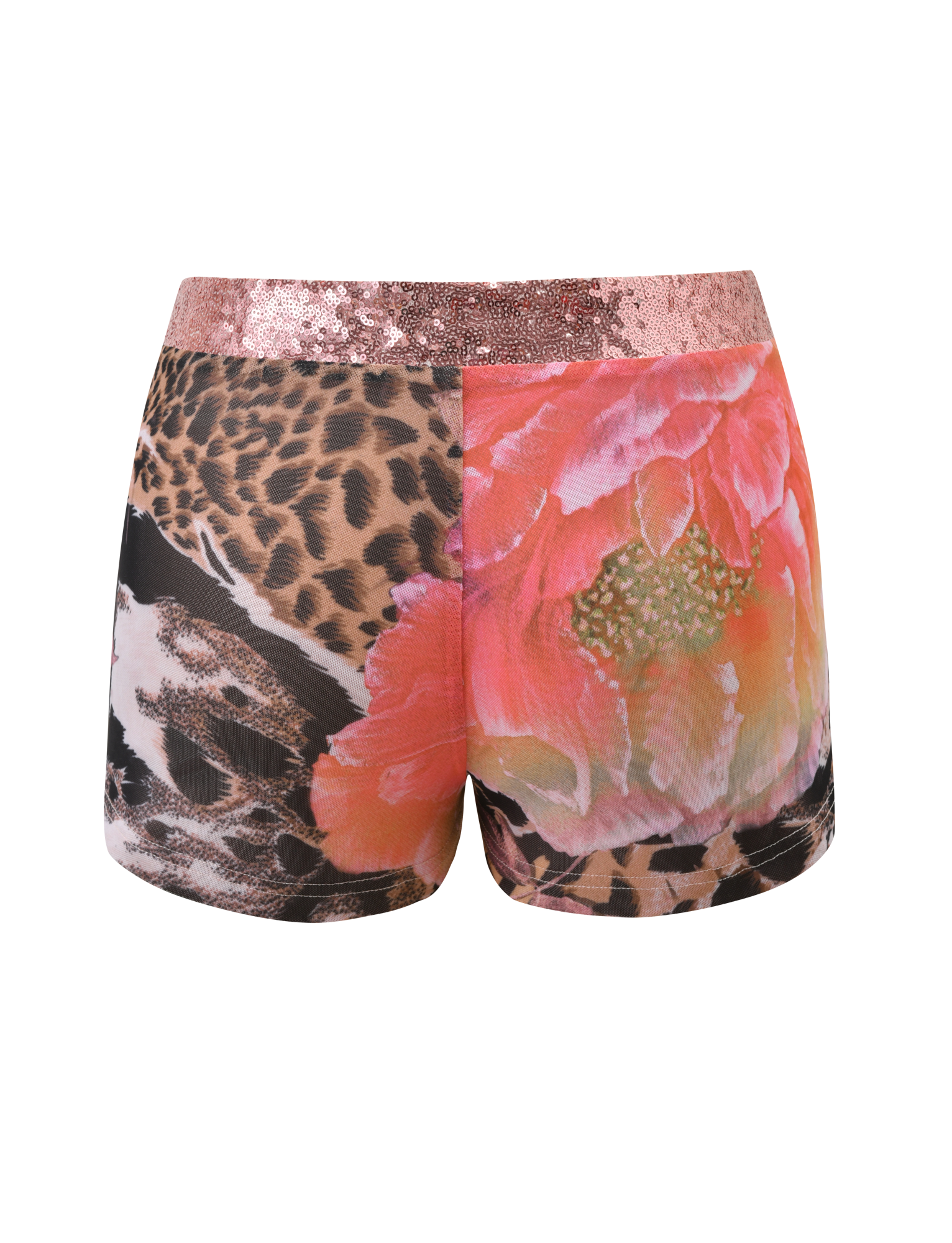 The FENELLA SHORT - ANIMALIER FLORAL by TIGERMIST features a rose gold sequin waistband, bold leopard and snakeskin print on one side, vibrant pink and orange florals on the other, all set on a crisp white background.