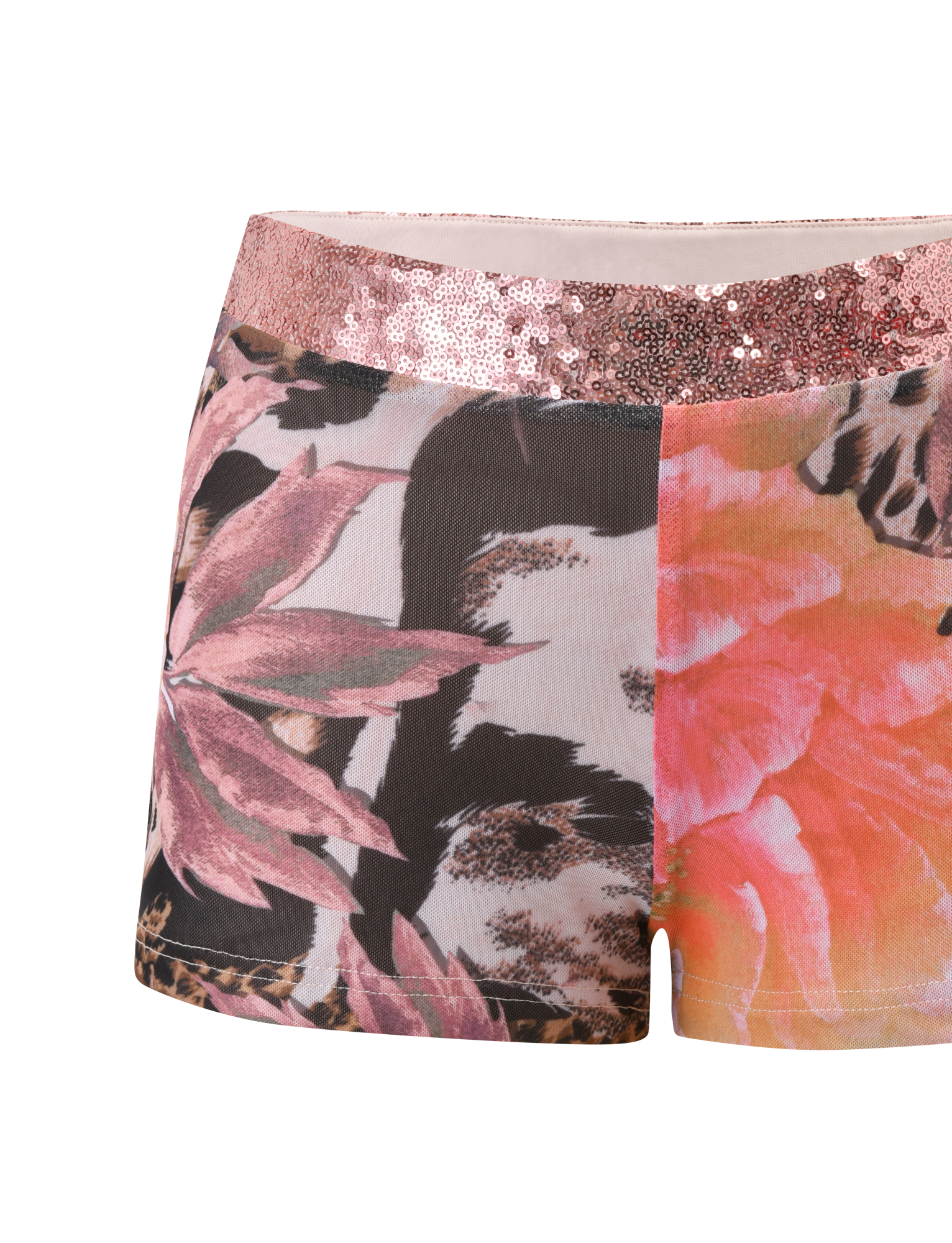 Close-up of the TIGERMIST FENELLA SHORT - ANIMALIER FLORAL, featuring a rose gold sequin waistband and bold pink, peach, black, and cream mixed floral animal print.