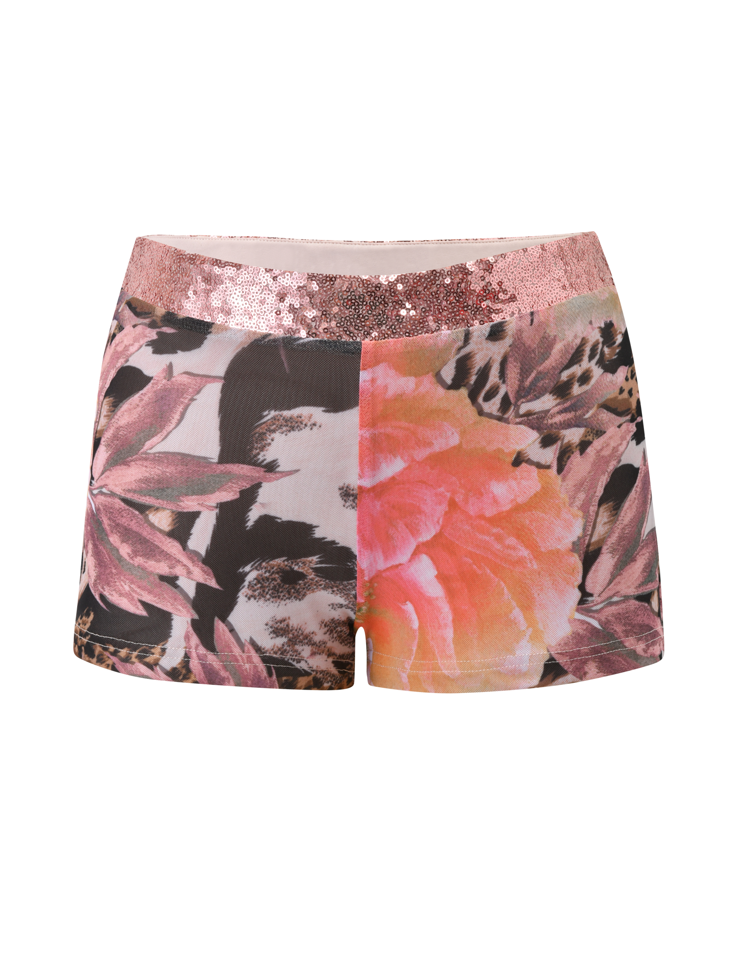 The FENELLA SHORT - ANIMALIER FLORAL by TIGERMIST is a high-waisted super mini with a striking pink and peach floral animal print, shiny rose gold sequin waistband, and a fresh white background.