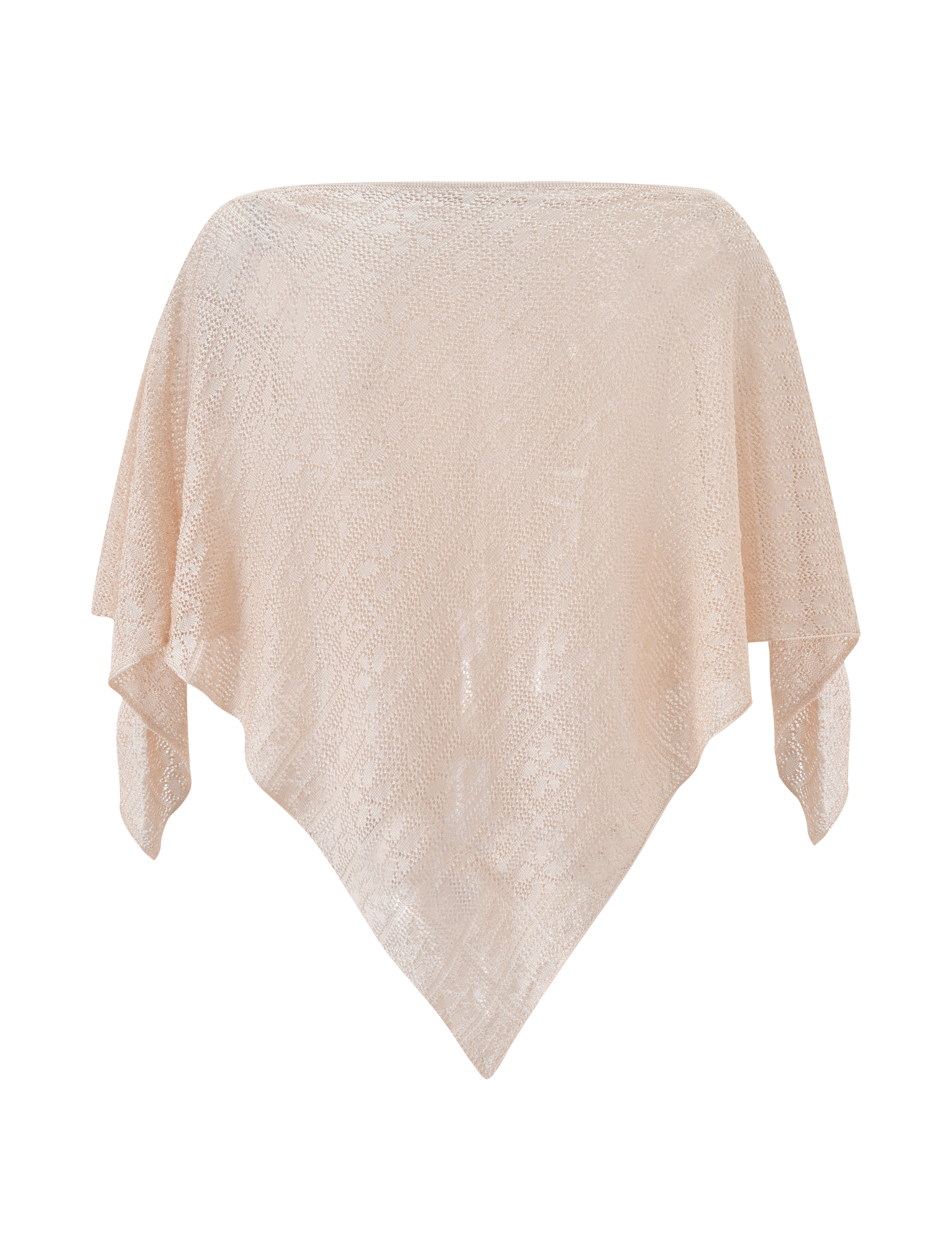 The FERN CROCHET PONCHO in Champagne by TIGERMIST features a semi-sheer, textured design with pointed ends, draped in a diamond shape—ideal for festivals or as an elegant beach cover-up.