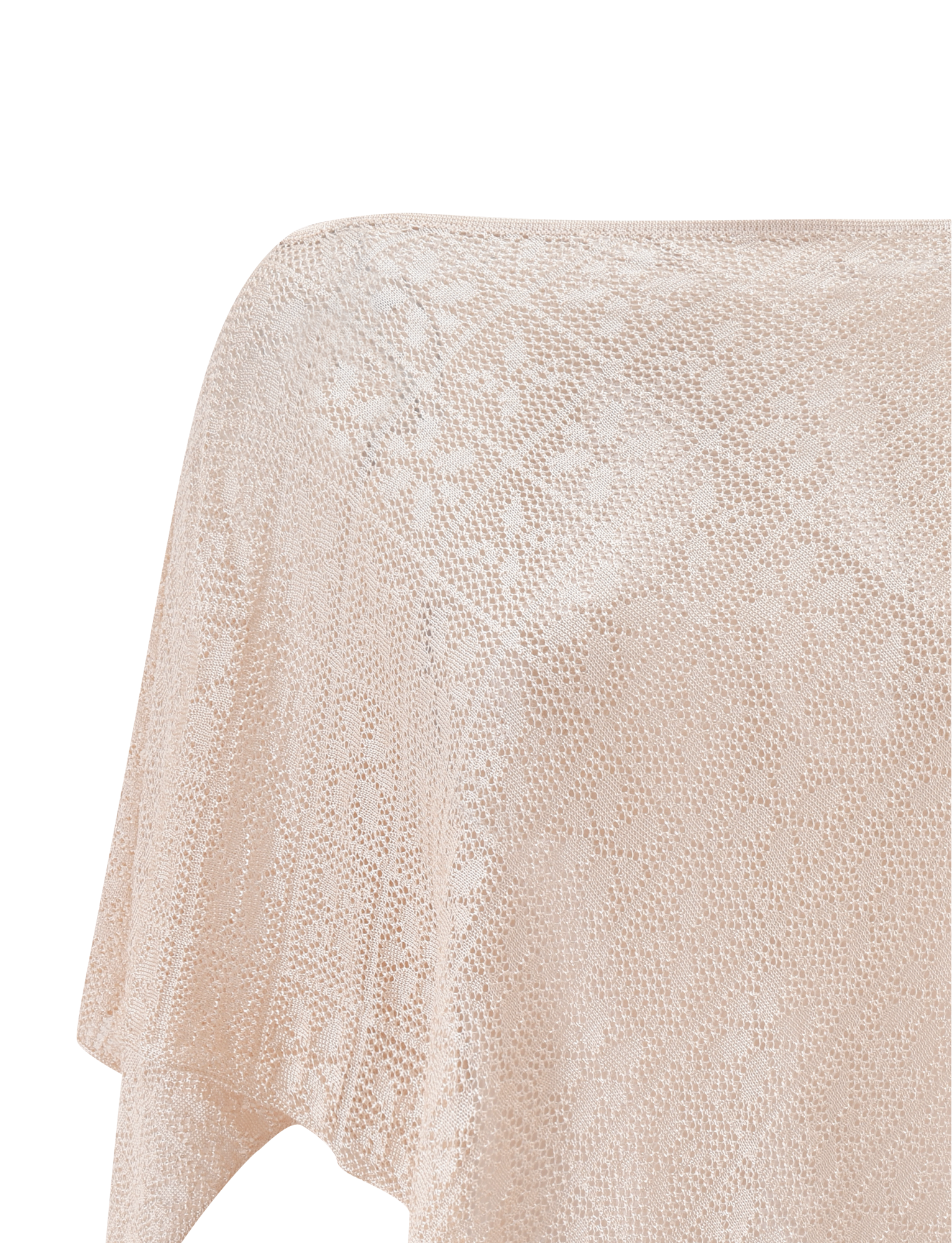 A close-up of the TIGERMIST FERN CROCHET PONCHO in champagne, featuring light beige semi-sheer knit with a delicate floral pattern on a plain white background—ideal as a chic beach cover up or festival wear.