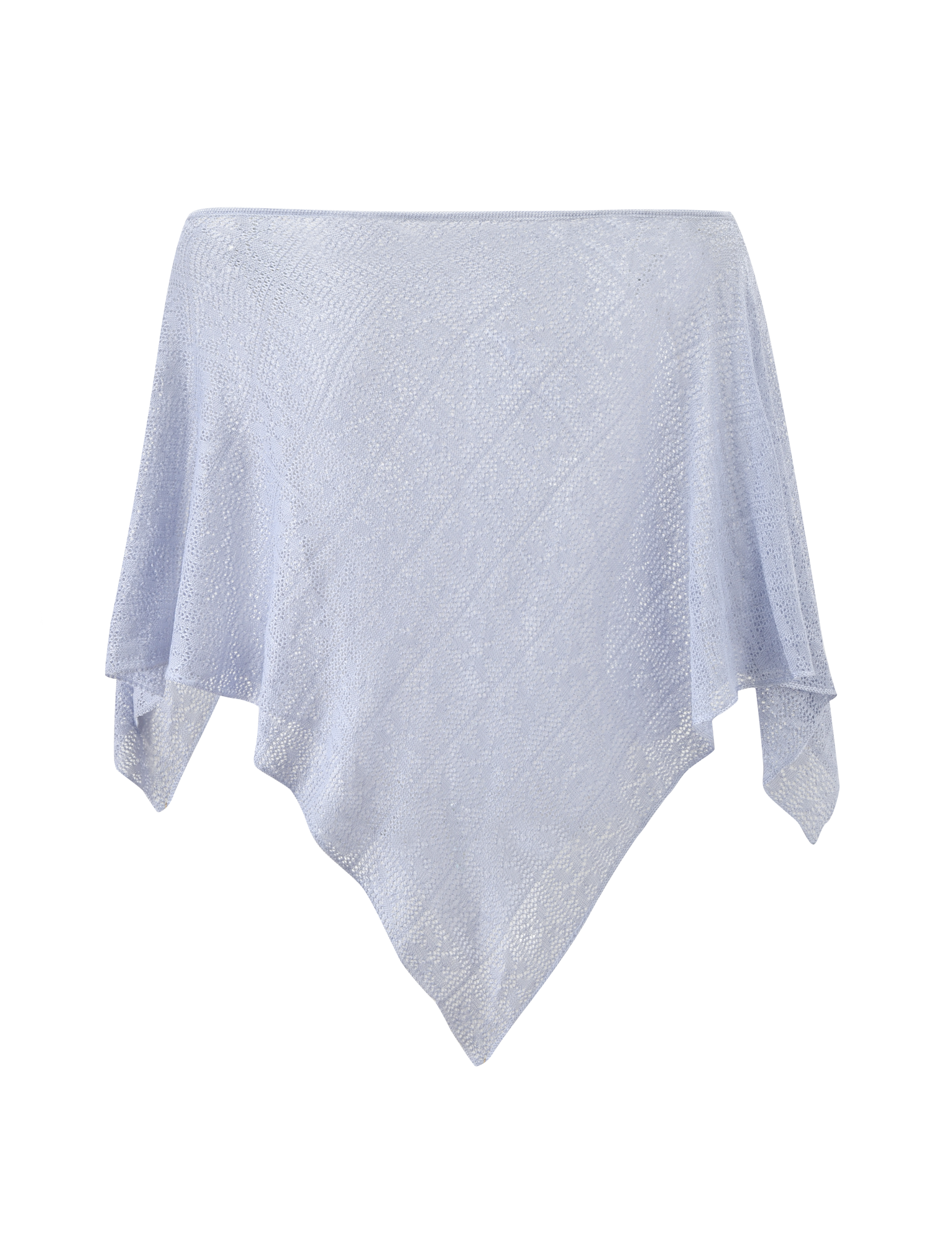 The FERN CROCHET PONCHO in Silver by TIGERMIST features an airy, delicate crochet design with an asymmetrical handkerchief hem and pointed ends, shown on a white background.