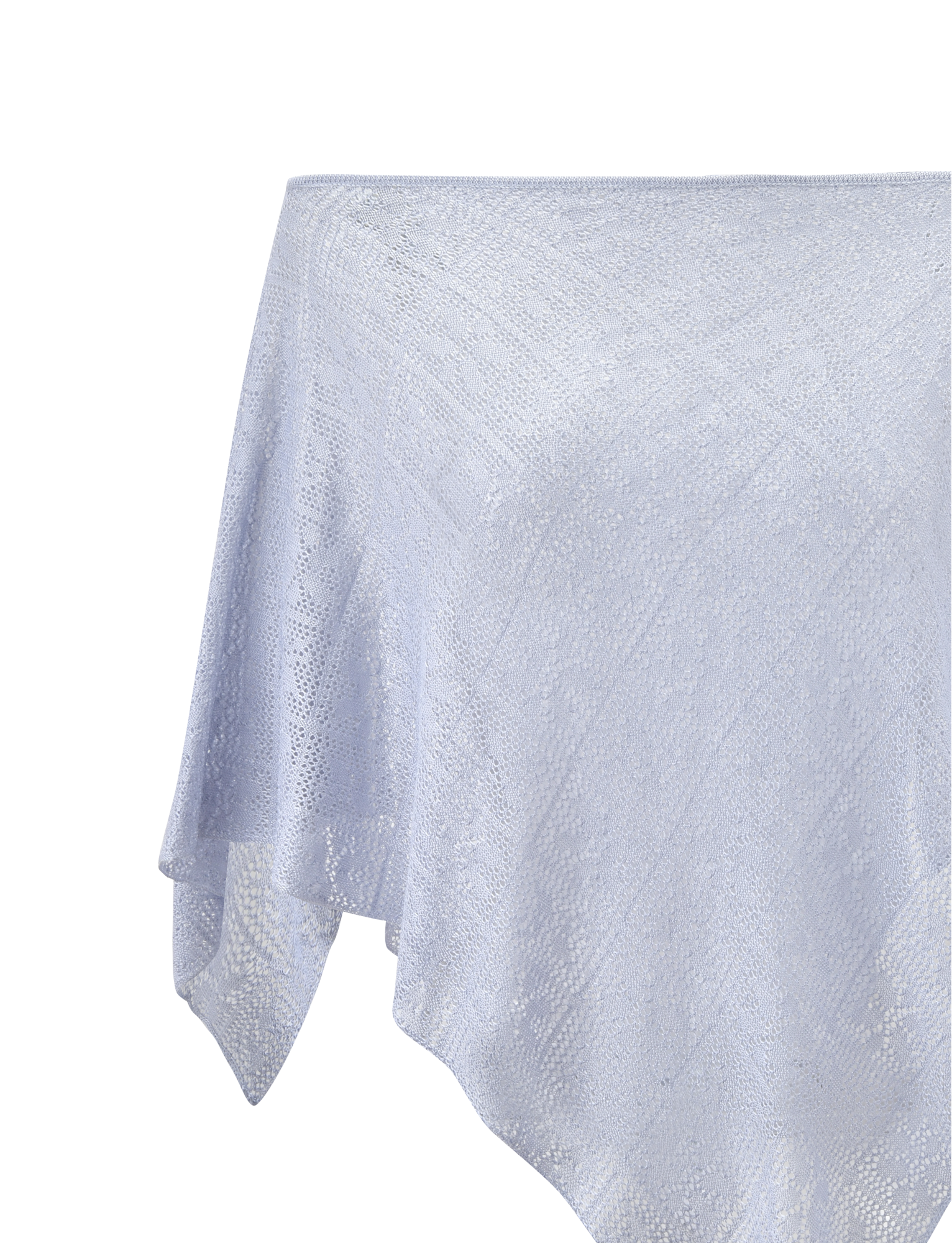 A close-up of TIGERMIST's FERN CROCHET PONCHO in silver shows its light blue, textured fabric with a soft diagonal knit and handkerchief hem—ideal for custom crochet inspiration or your next festival look.