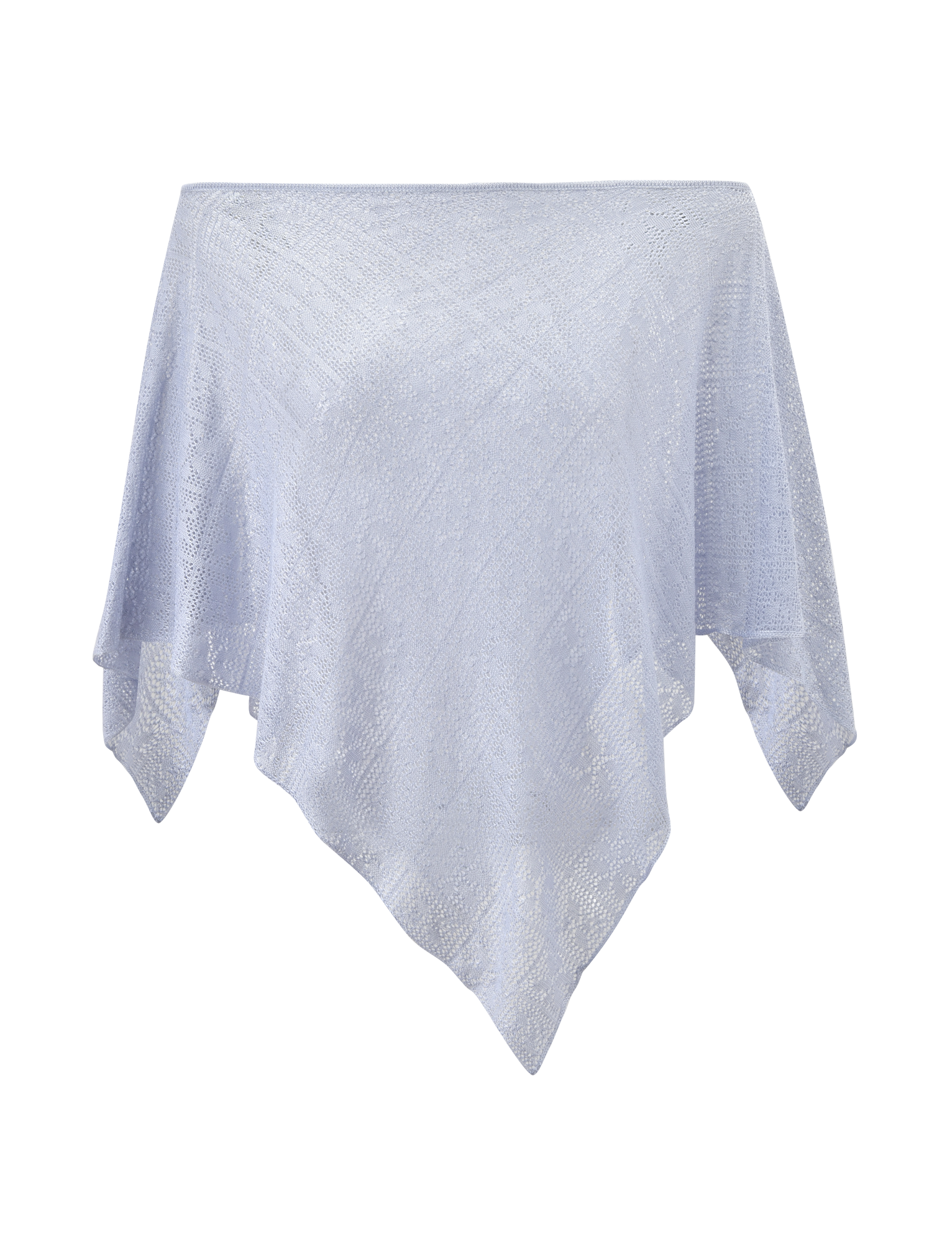 The TIGERMIST FERN CROCHET PONCHO in Silver features a semi-sheer, square silhouette with pointed draping corners and a subtle textured pattern, shown against a plain white background.