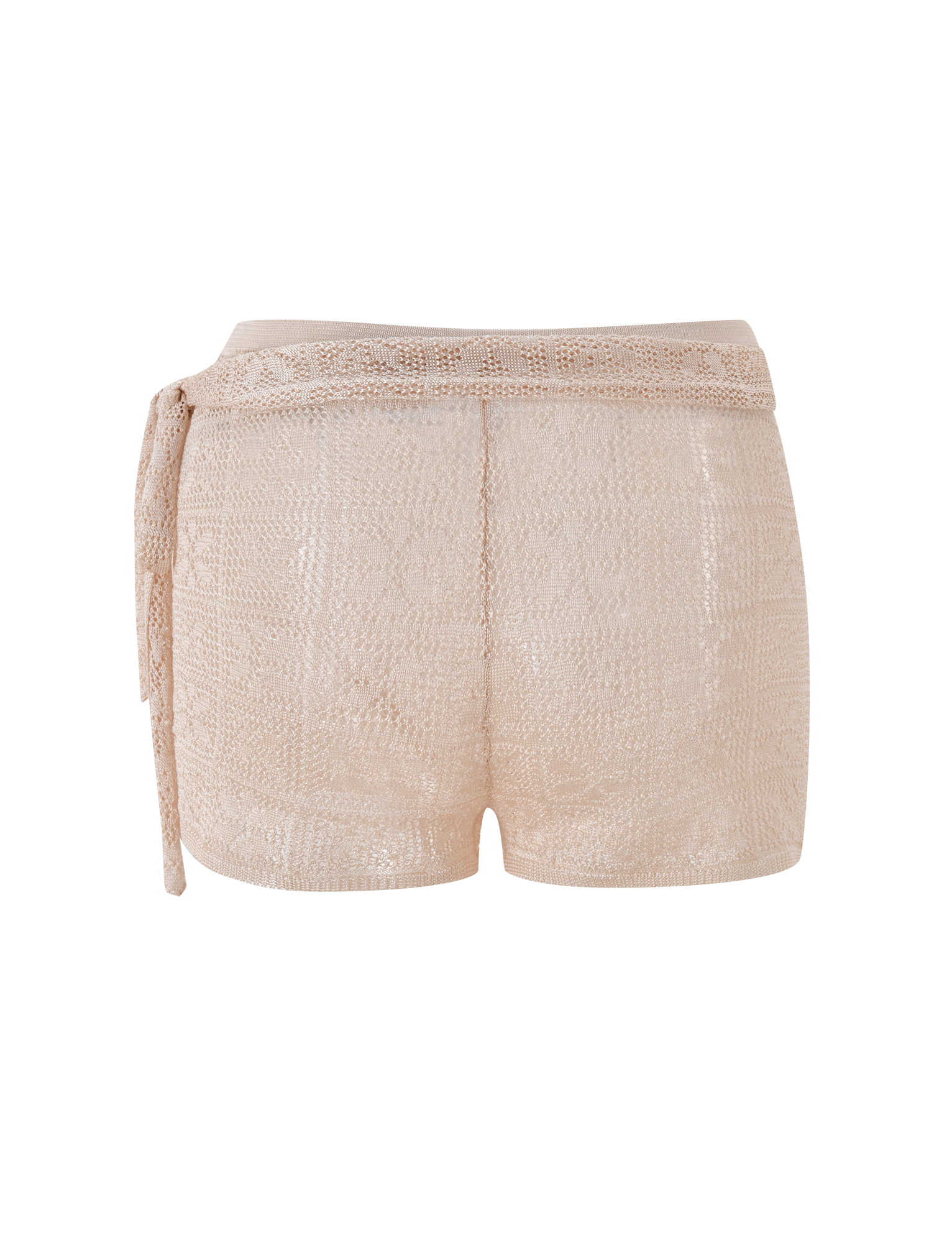 The TIGERMIST FERN CROCHET SHORT in Champagne features semi-sheer beige crochet with a geometric pattern, adjustable waistband, and a matching left-side tie belt, shown against a plain white background.