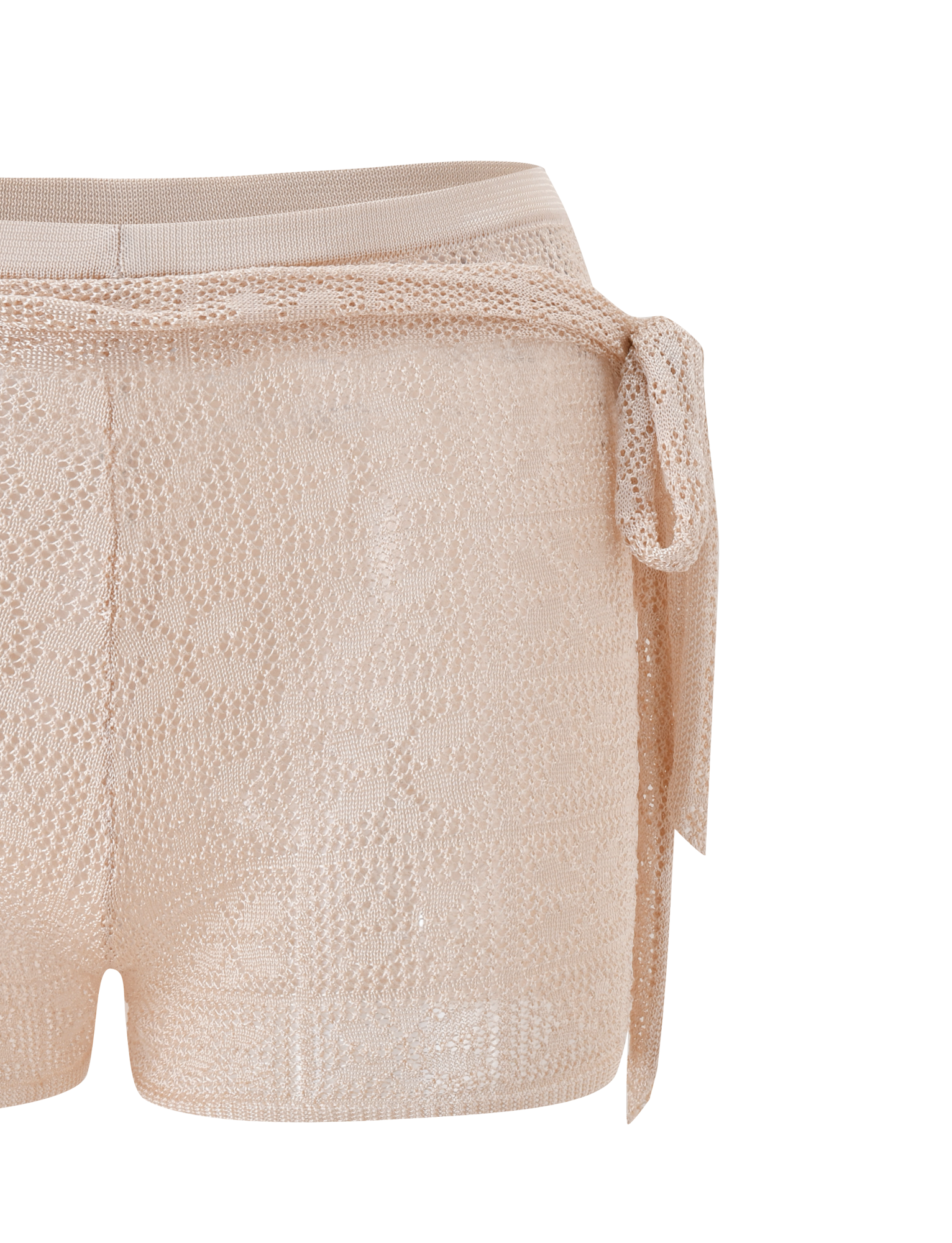The TIGERMIST FERN CROCHET SHORT in Champagne is a semi-sheer, floral-patterned mini short with a matching crochet tie belt and adjustable waistband, shown on a plain white background.