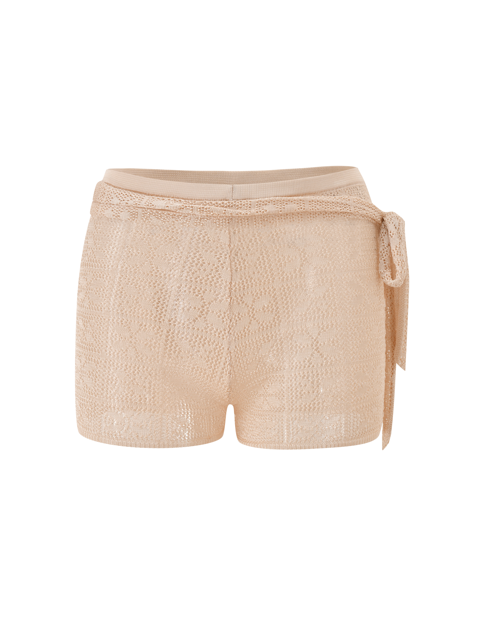 The TIGERMIST FERN CROCHET SHORT in Champagne features a high waist, semi-sheer crochet design, adjustable waistband, and matching fabric tie belt on the right side, shown against a plain white background.