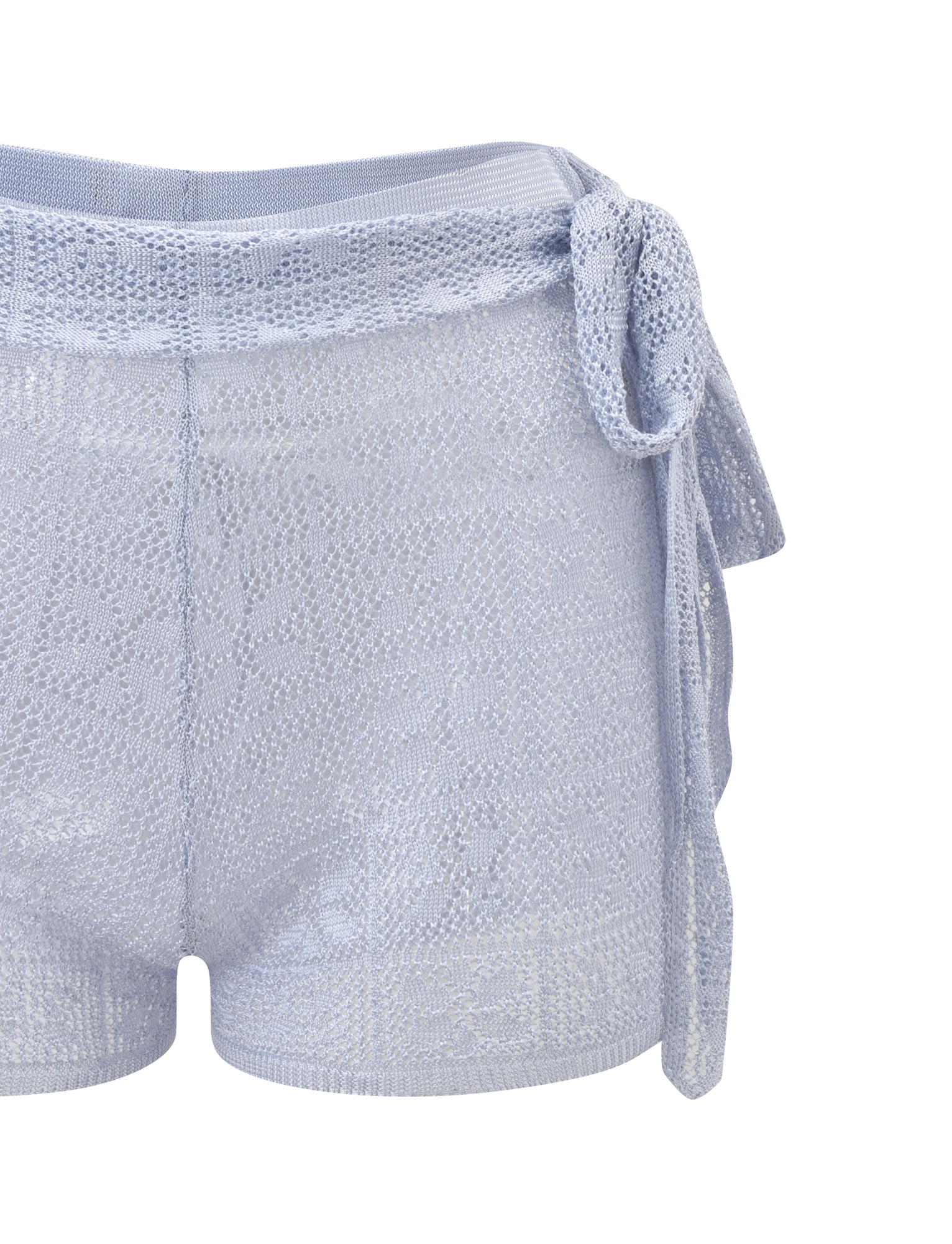 The TIGERMIST FERN CROCHET SHORT in Silver features a textured custom crochet design, adjustable waistband, side tie detail, and lightweight semi-sheer fabric, shown against a white background.