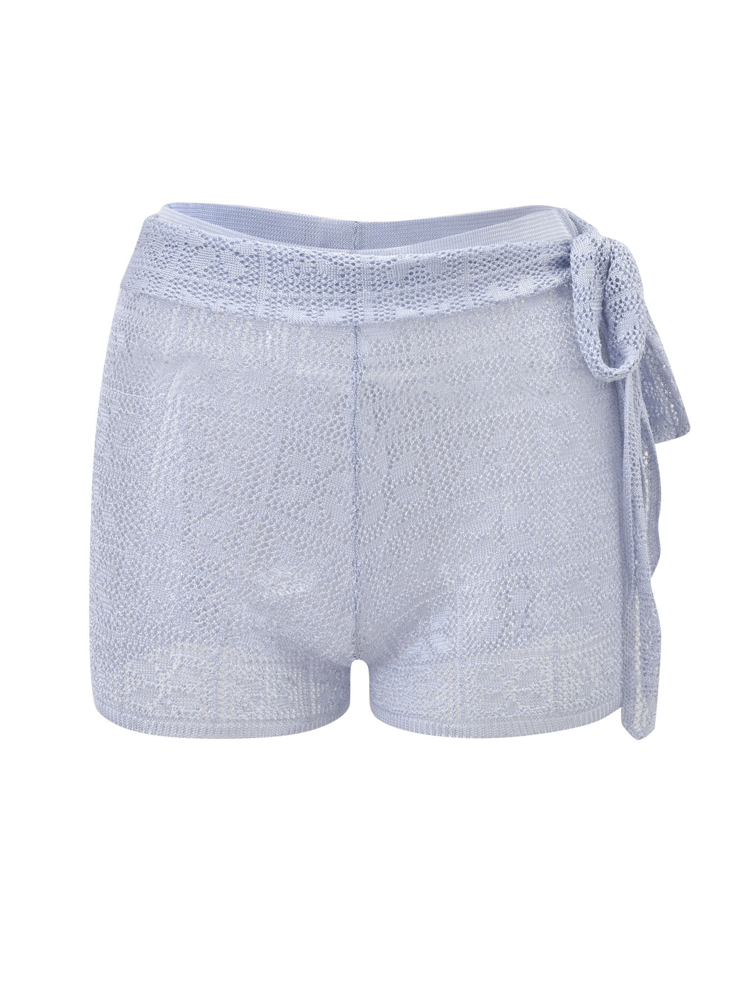The TIGERMIST FERN CROCHET SHORT in silver features a light blue-silver crochet design, a high waist, and a matching fabric tie belt on the right side, shown against a white background.