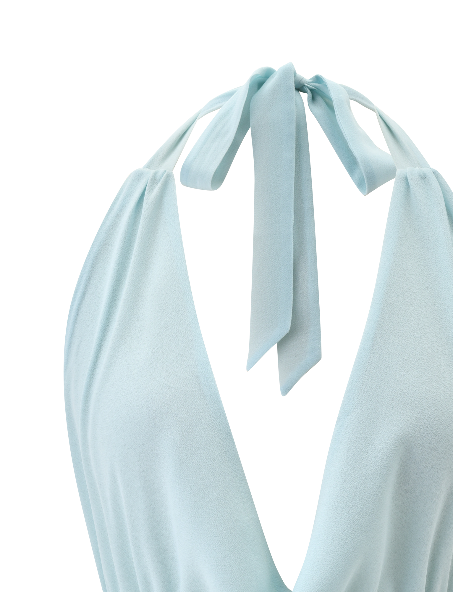 Close-up of the TIGERMIST VEDA OPEN BACK COWL TOP in seafoam, featuring an adjustable halter neck, deep V-neckline, wide bow-tied straps at the back, and soft, slightly sheer fabric.