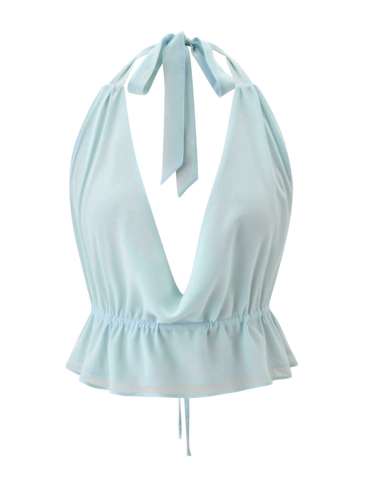 The TIGERMIST VEDA OPEN BACK COWL TOP in seafoam features an adjustable halter neck, deep V-neckline, elasticated waist, and ruffled peplum hem, shown on a plain white background.