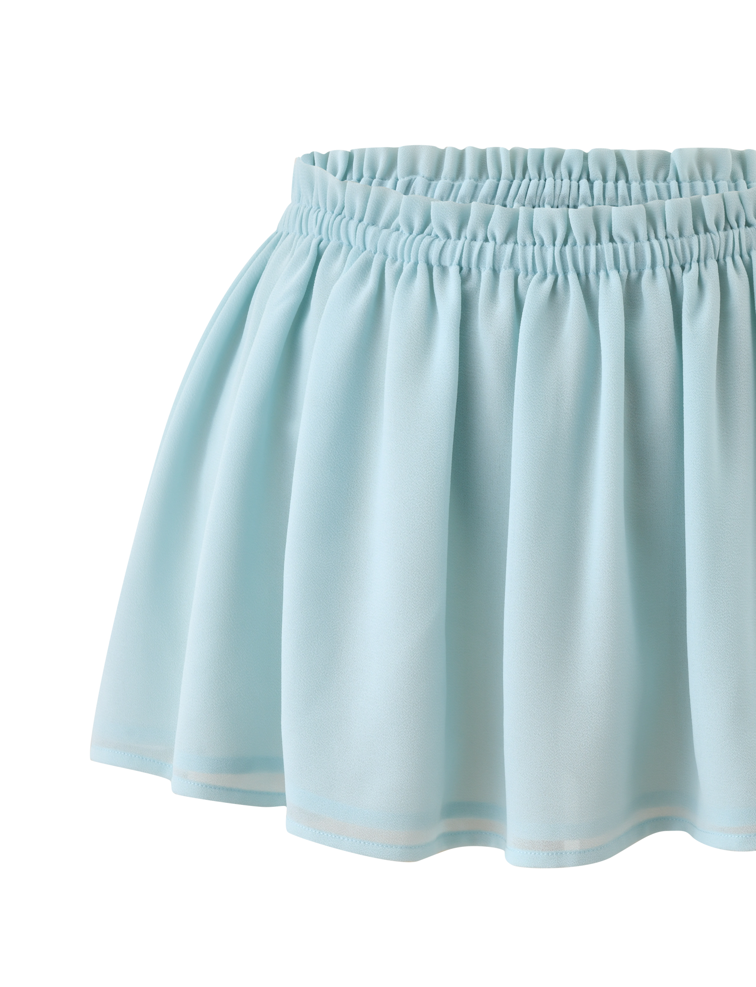 The TIGERMIST VEDA RUCHED MINI SKIRT in Seafoam features a flounce silhouette with pleats and an elastic waistband, shown against a white background.