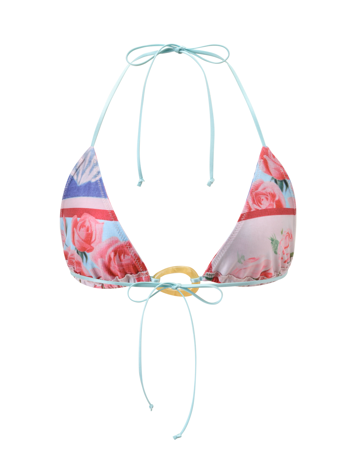 The TIGERMIST FINLEA RESIN RING BIKINI TOP in postcard print features a colorful floral and stripe design, light blue halter neck ties, and a gold ring detail at the center front.