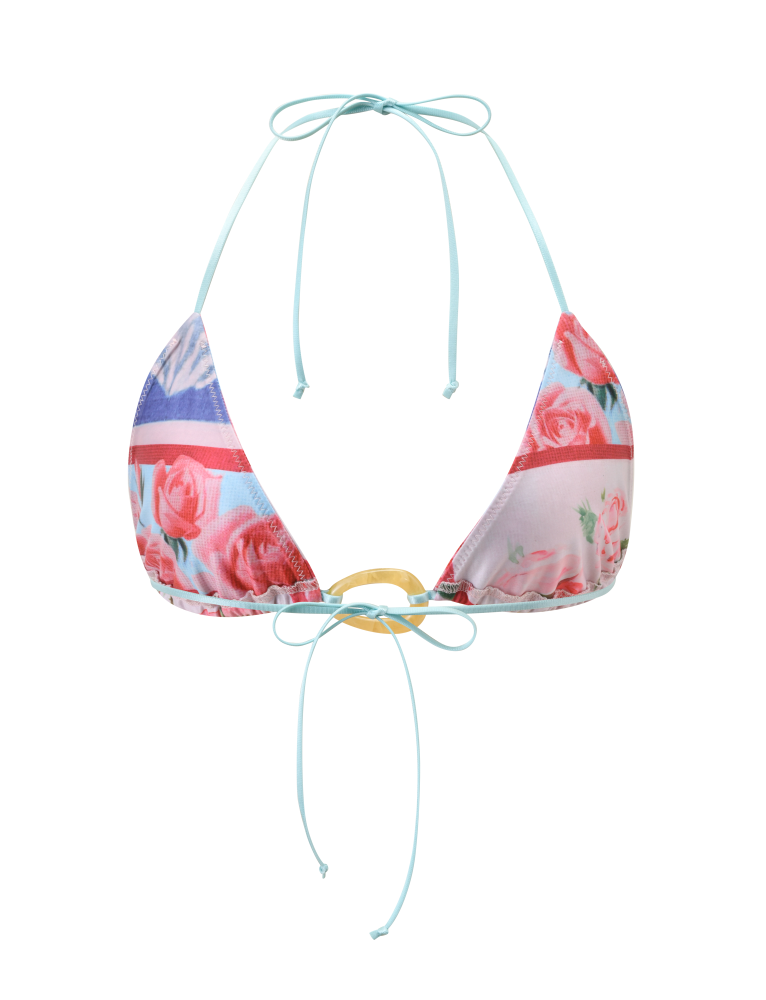 The TIGERMIST FINLEA RESIN RING BIKINI TOP in postcard print features a colorful floral and stripe design, light blue halter neck ties, and a gold ring detail at the center front.