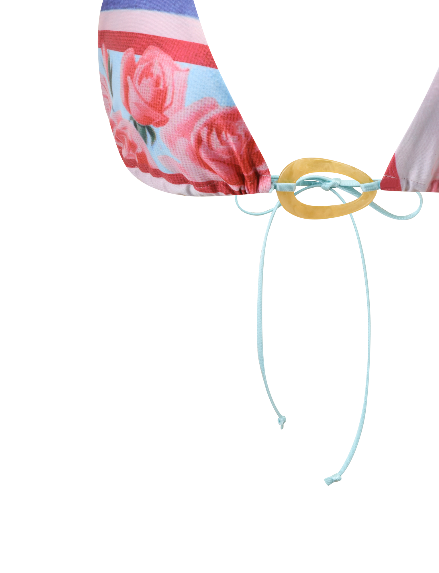Close-up of the TIGERMIST FINLEA RESIN RING BIKINI TOP in Postcard Print, showcasing pink and red roses, blue and pink stripes, a yellow resin ring at the center, and light blue adjustable bow-tied strings on a plain white background.