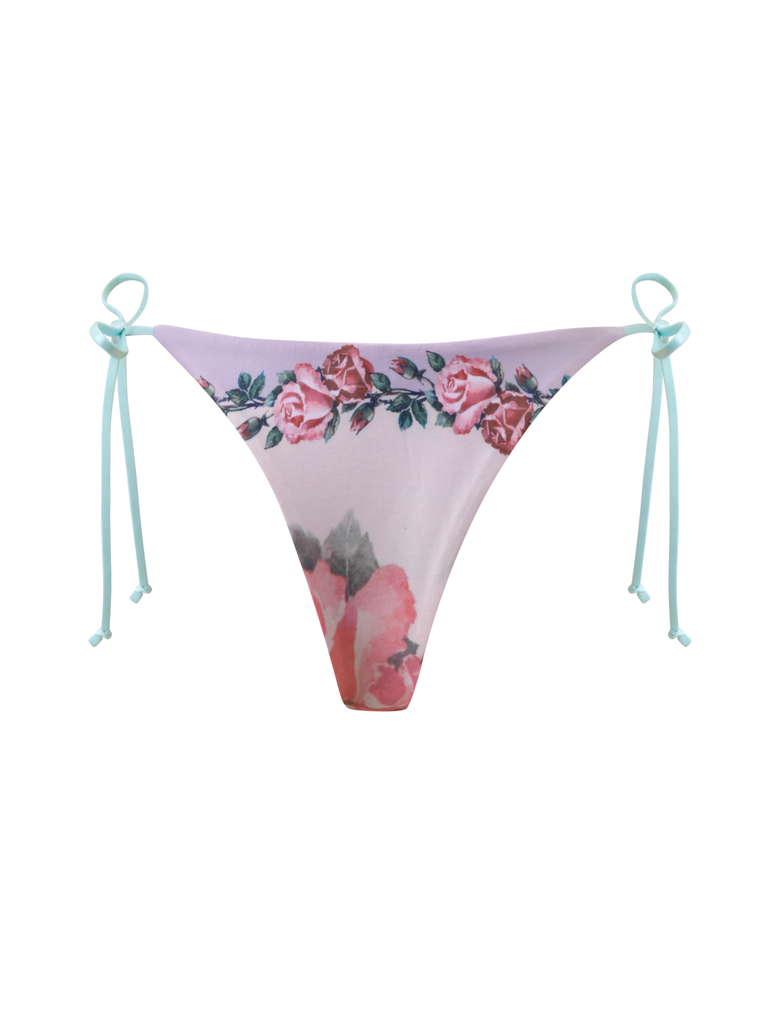 The TIGERMIST FINLEA RESIN RING BIKINI BOTTOM in postcard print features a pink floral design with blue side ties, shown on a plain white background.