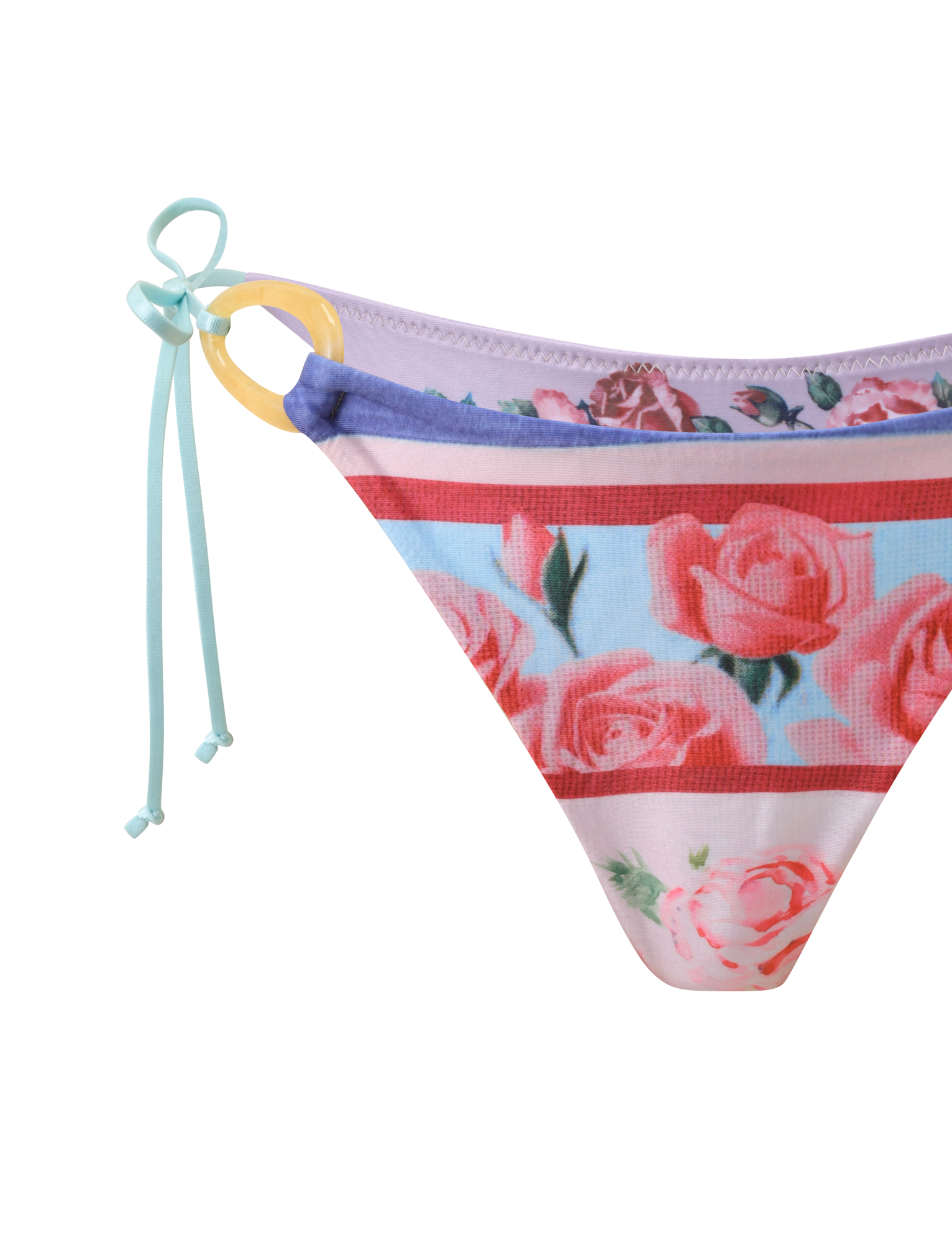A close-up of the TIGERMIST FINLEA RESIN RING BIKINI BOTTOM - POSTCARD PRINT, featuring pink, red, blue, and lavender stripes, a yellow resin ring, light blue side tie, and cheeky cut on a white background.