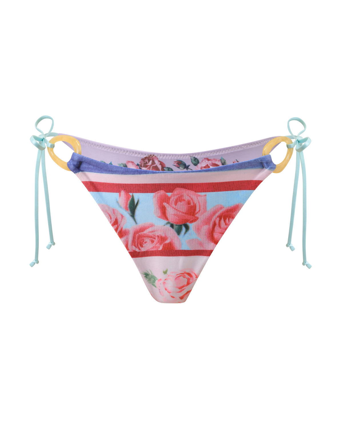 The TIGERMIST FINLEA RESIN RING BIKINI BOTTOM - POSTCARD PRINT features pink roses, purple trim, yellow resin side rings, and light blue adjustable string ties in a cheeky cut, shown on a white background.