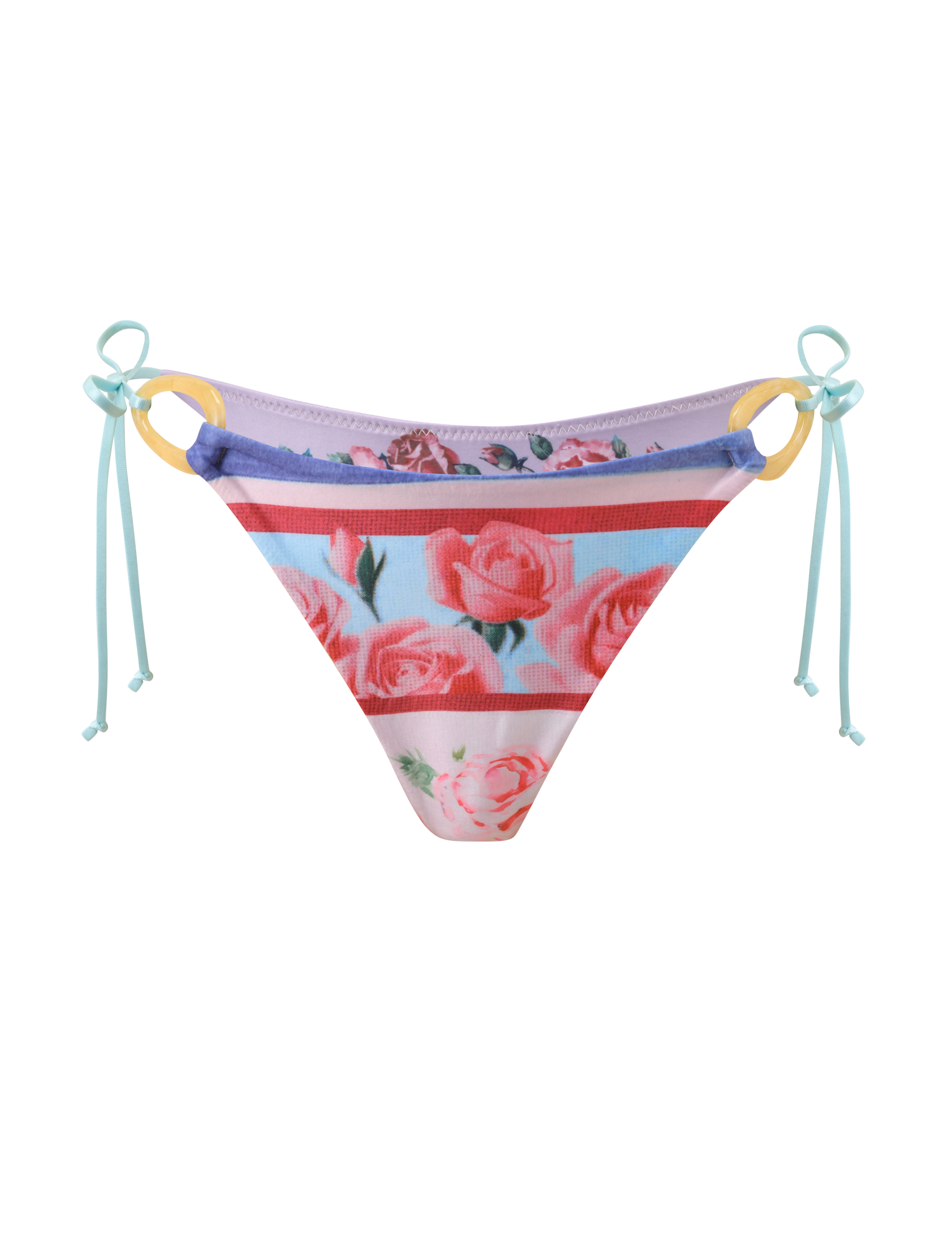 The TIGERMIST FINLEA RESIN RING BIKINI BOTTOM - POSTCARD PRINT features pink roses, purple trim, yellow resin side rings, and light blue adjustable string ties in a cheeky cut, shown on a white background.
