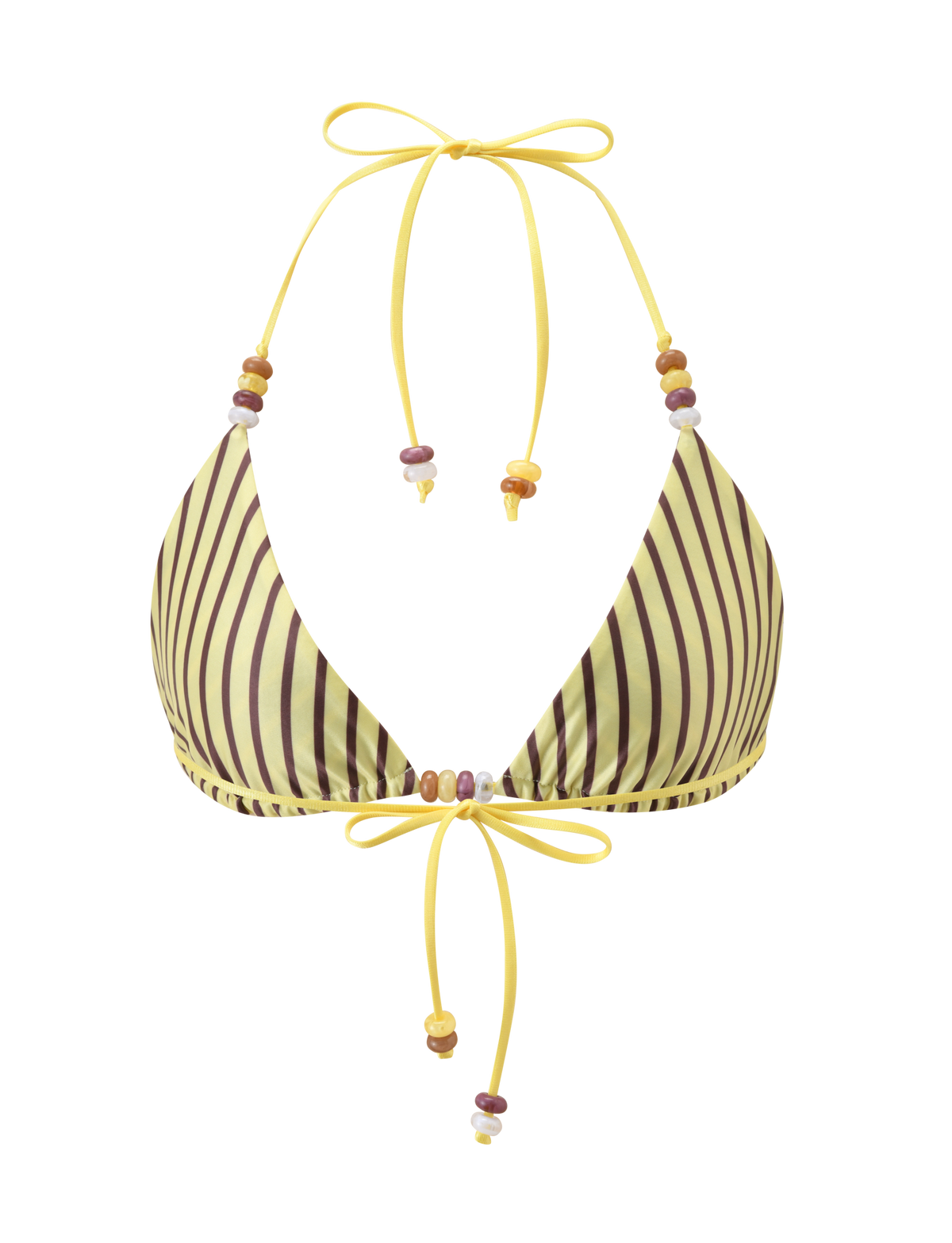 The TIGERMIST FINLEA REVERSIBLE BIKINI TOP in brown and yellow stripe features a halter neck, adjustable yellow ties with multicolored beads, and a stylish reversible design.