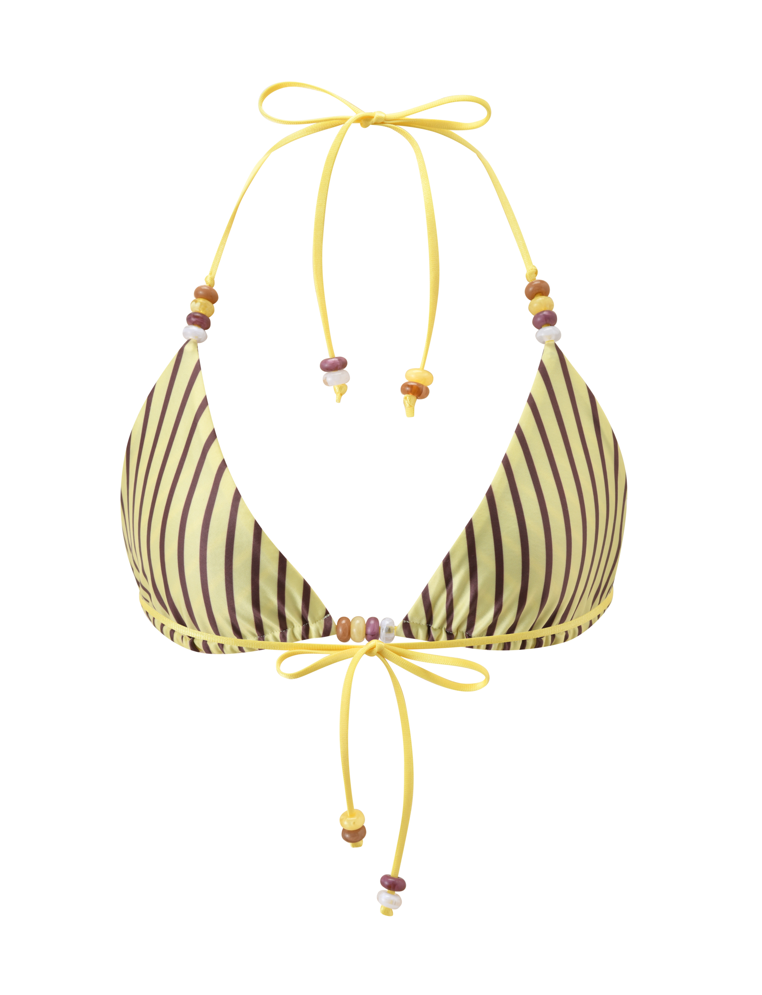 The TIGERMIST FINLEA REVERSIBLE BIKINI TOP in brown and yellow stripe features a halter neck, adjustable yellow ties with multicolored beads, and a stylish reversible design.