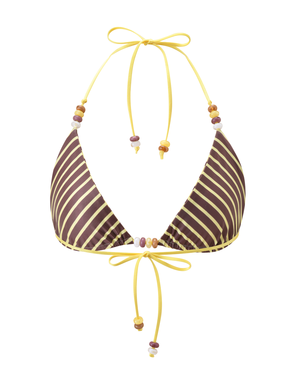 The FINLEA REVERSIBLE BIKINI TOP by TIGERMIST features brown and yellow stripes, yellow strings, and multicolored beaded details on the straps and bottom edge, shown against a plain white background.